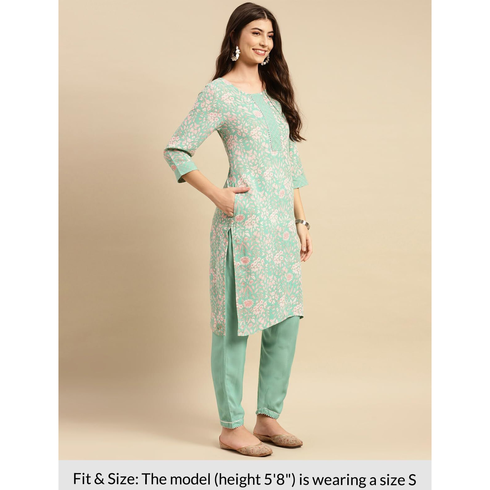 Rangita Women Rayon Mint Green Floral Printed Knee Length Straight Kurta With Pant Set