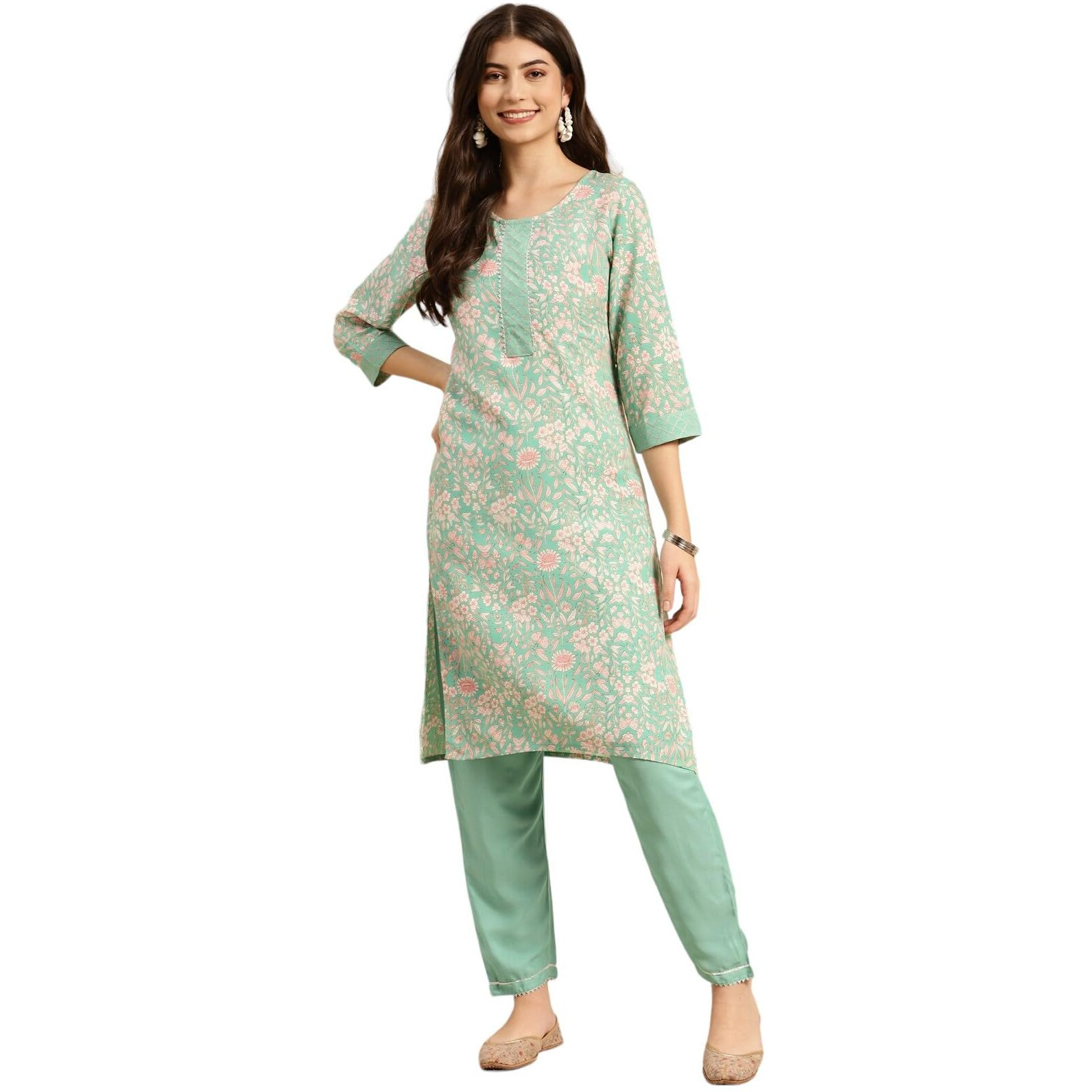 Rangita Women Rayon Mint Green Floral Printed Knee Length Straight Kurta With Pant Set