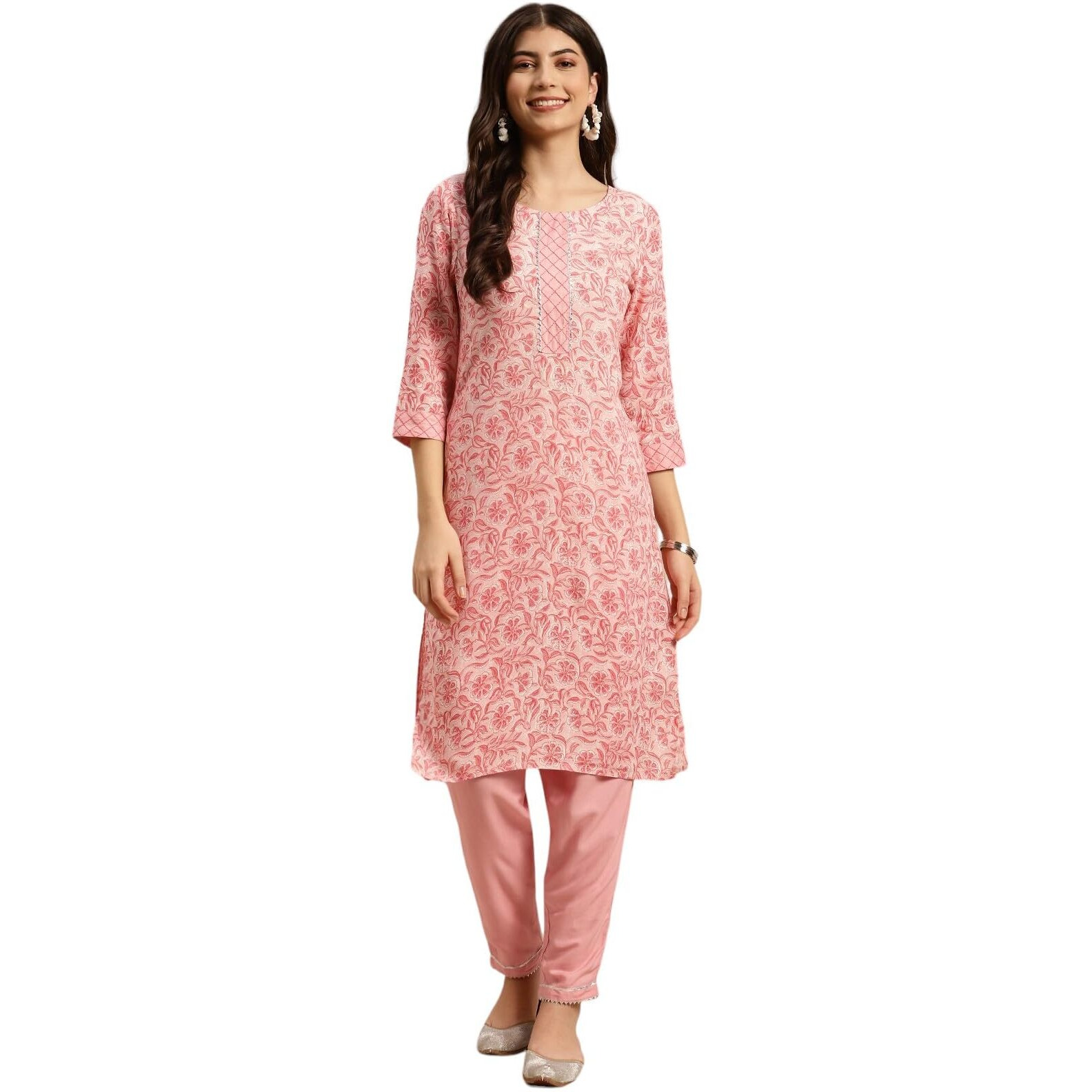 Rangita Women Rayon Peach Floral Printed Knee Length Straight Kurta With Pant Set