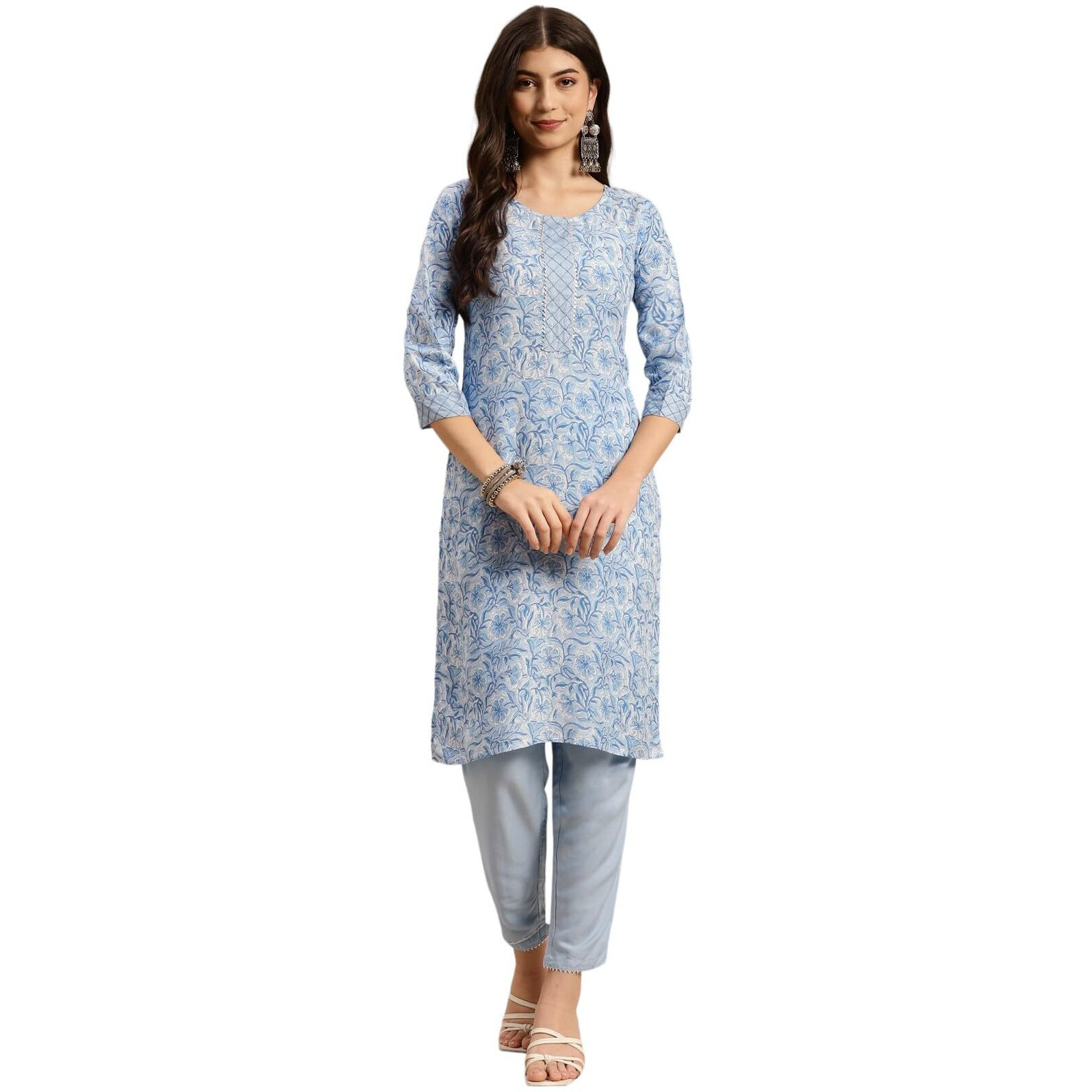 Rangita Women Rayon Light Blue Floral Printed Knee Length Straight Kurta With Pant Set