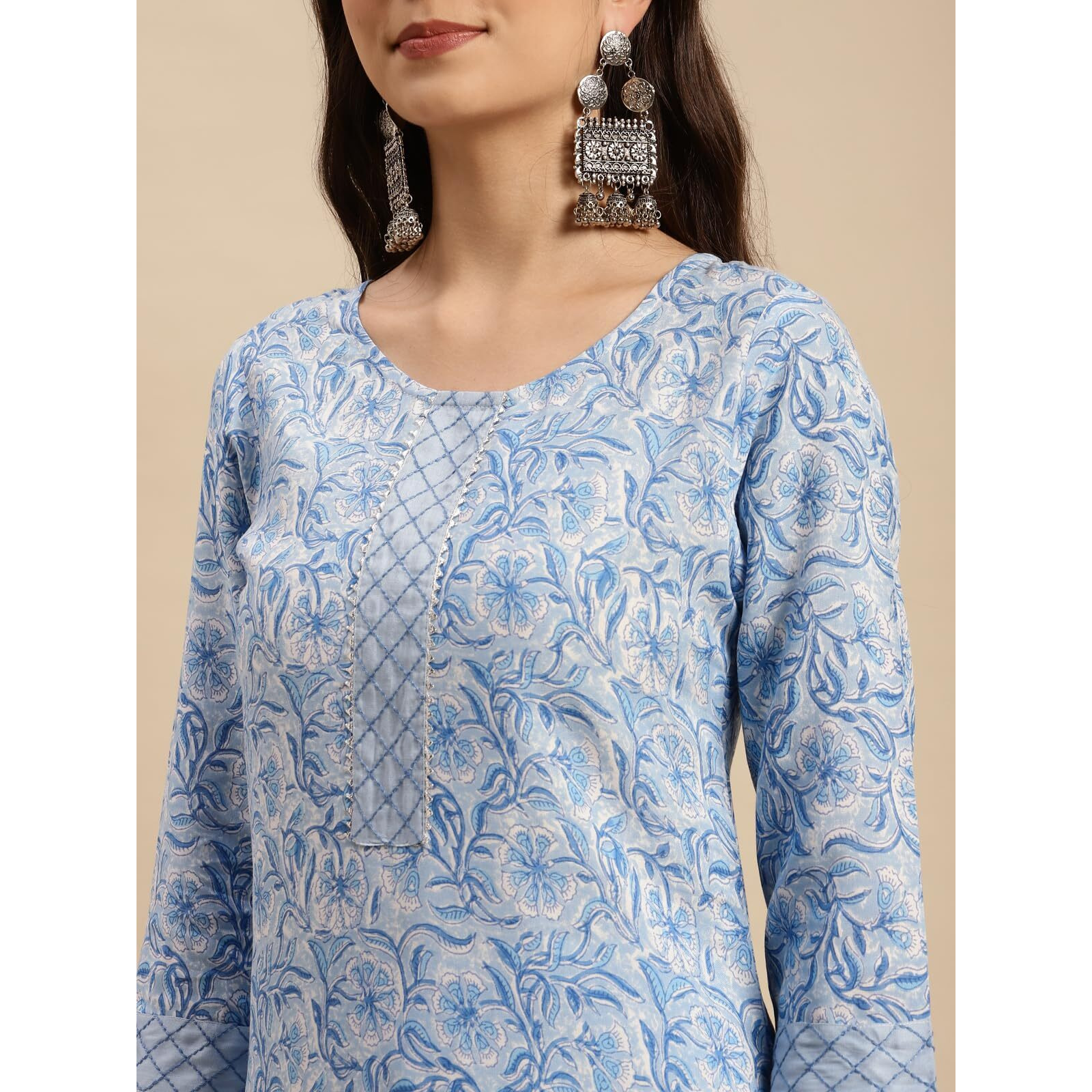 Rangita Women Rayon Light Blue Floral Printed Knee Length Straight Kurta With Pant Set