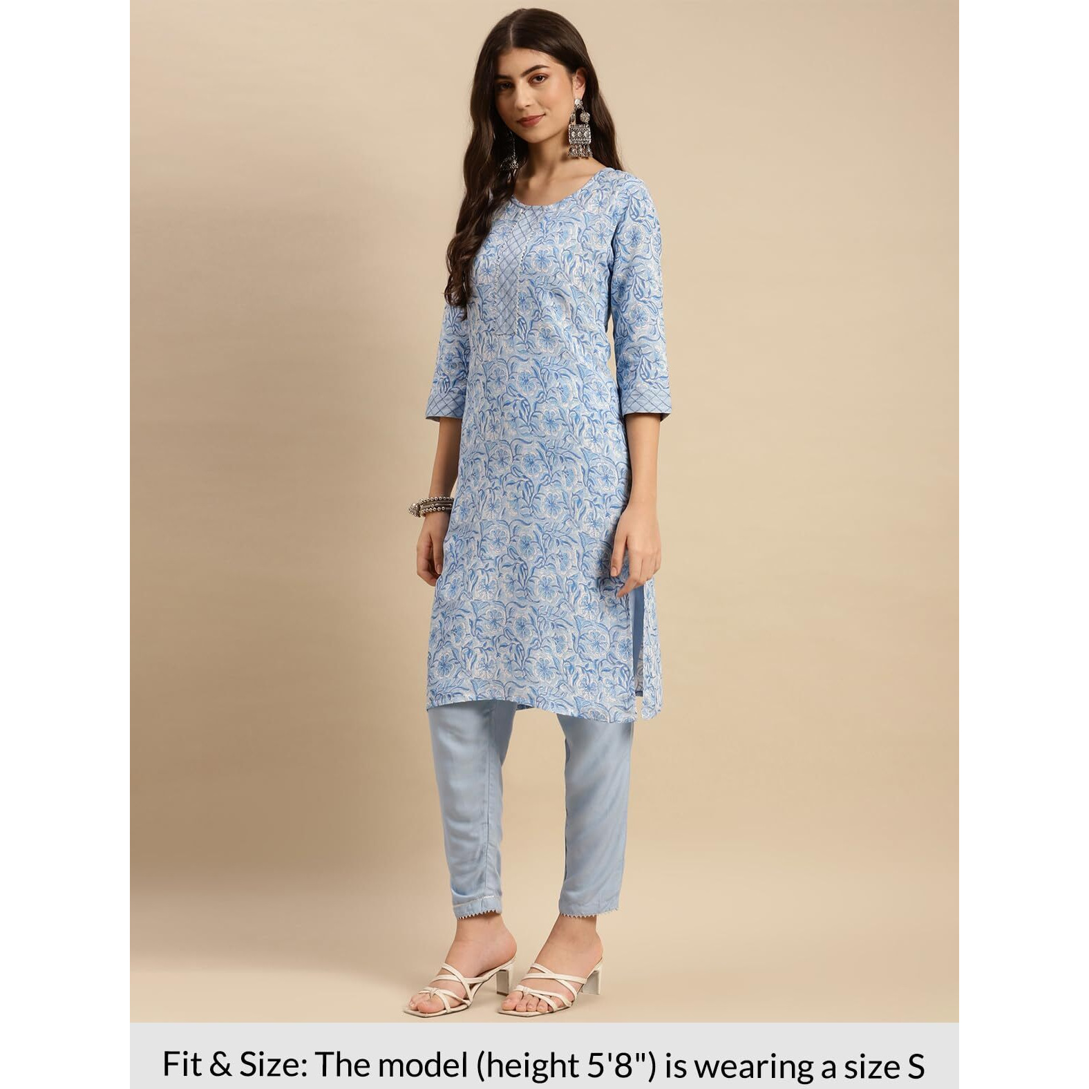 Rangita Women Rayon Light Blue Floral Printed Knee Length Straight Kurta With Pant Set