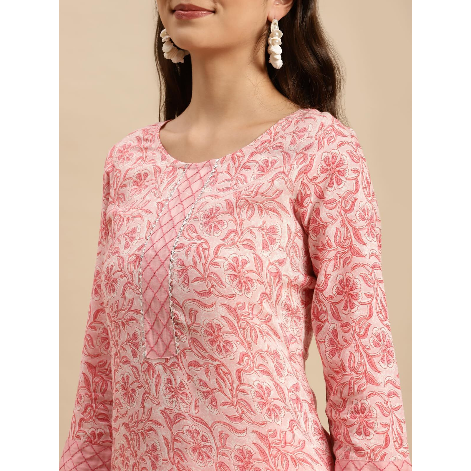 Rangita Women Rayon Peach Floral Printed Knee Length Straight Kurta With Pant Set