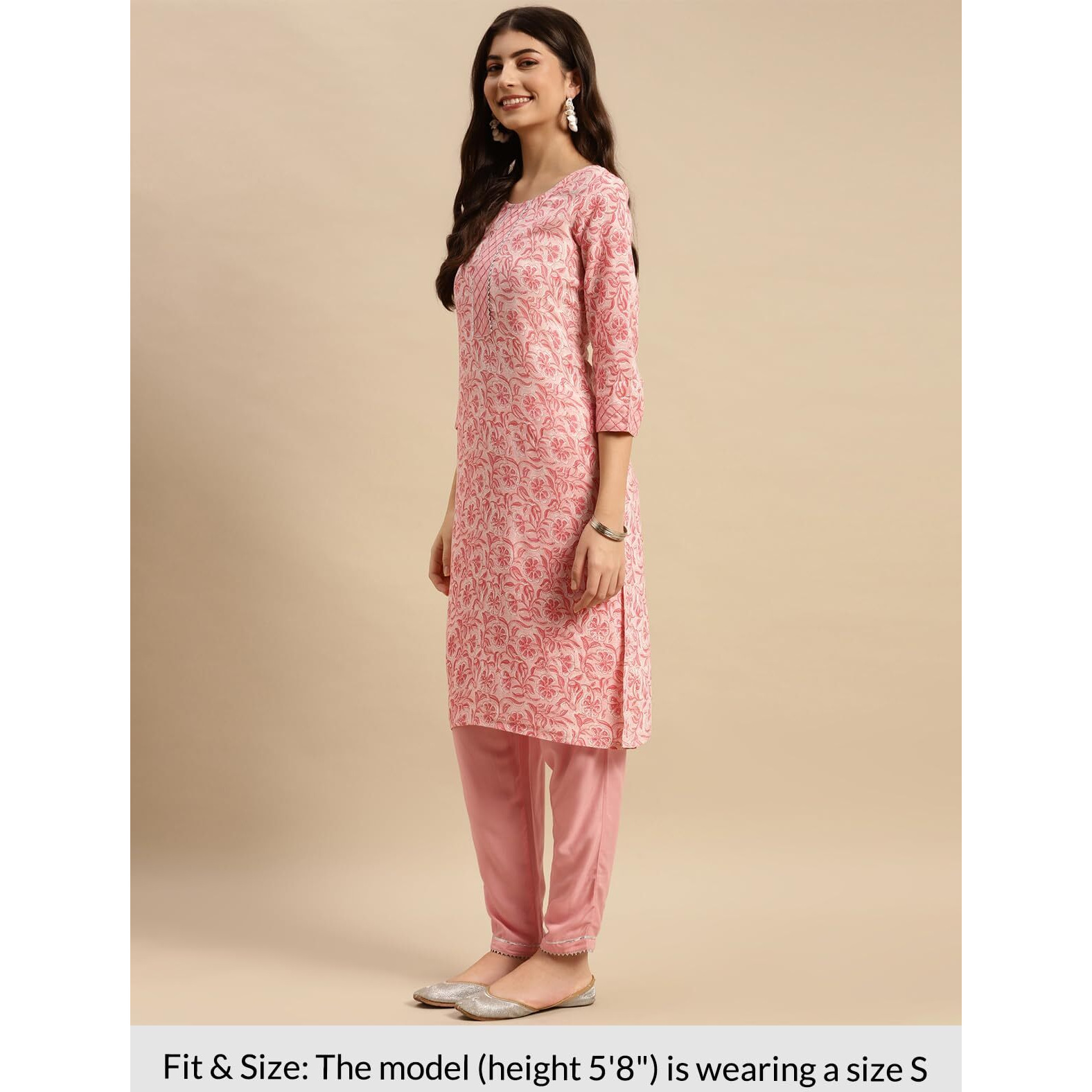 Rangita Women Rayon Peach Floral Printed Knee Length Straight Kurta With Pant Set