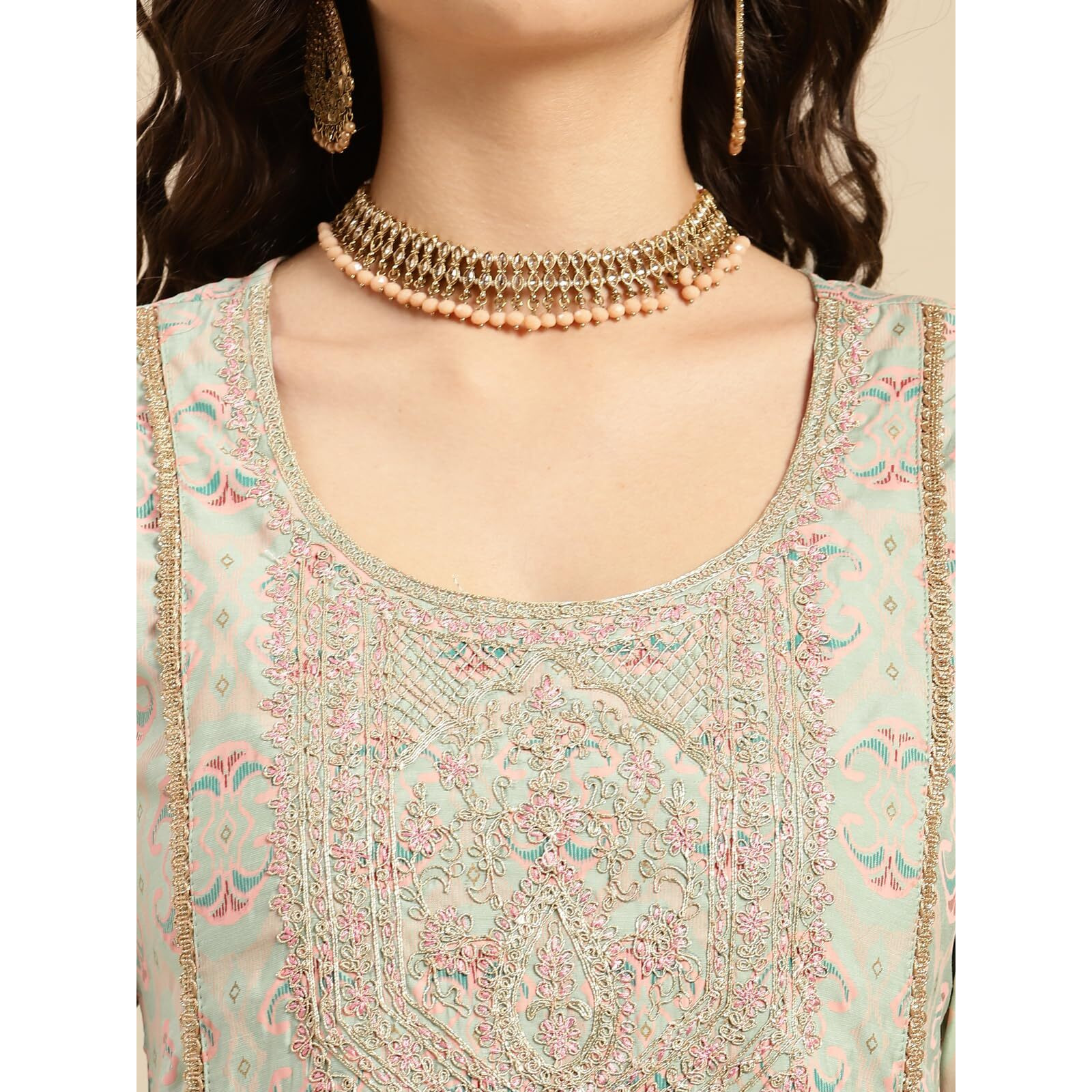 Rangita Women Light Green Embroidered Print Calf Length Straight Kurta With Pant Set_8905723216856