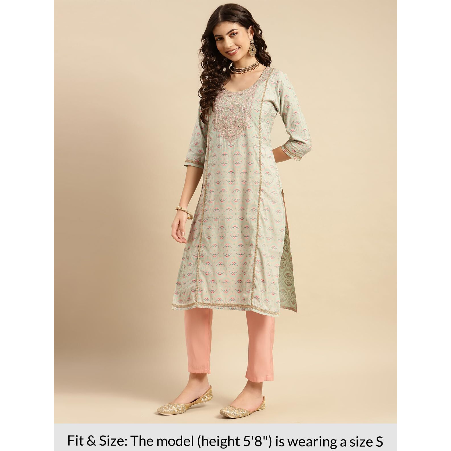 Rangita Women Light Green Embroidered Print Calf Length Straight Kurta With Pant Set_8905723216856