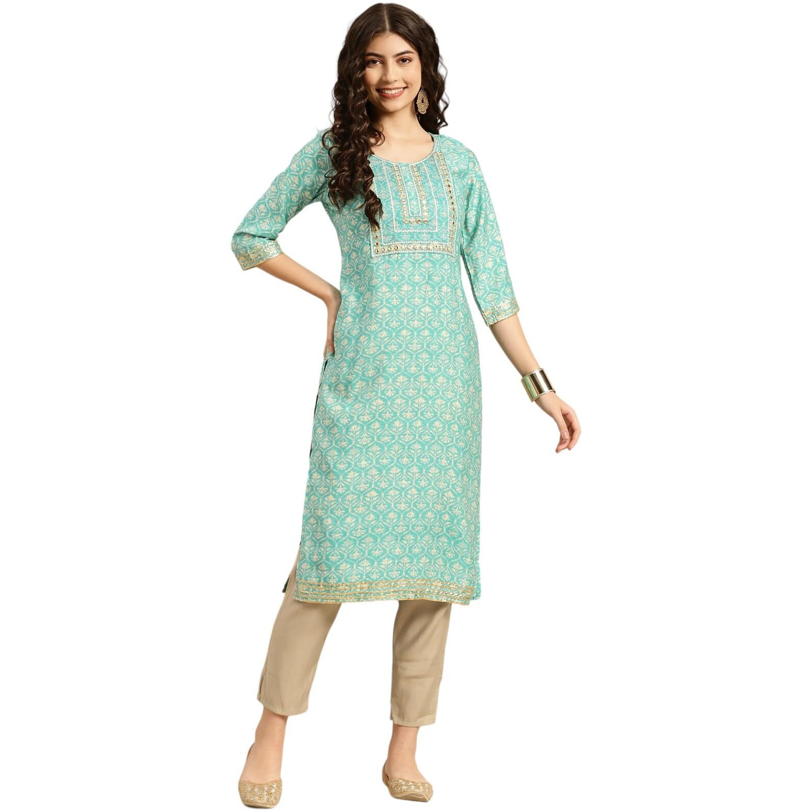 Rangita Women Turquoise Embroidered Print Calf Length Straight Kurta With Pant Set_8905723216962