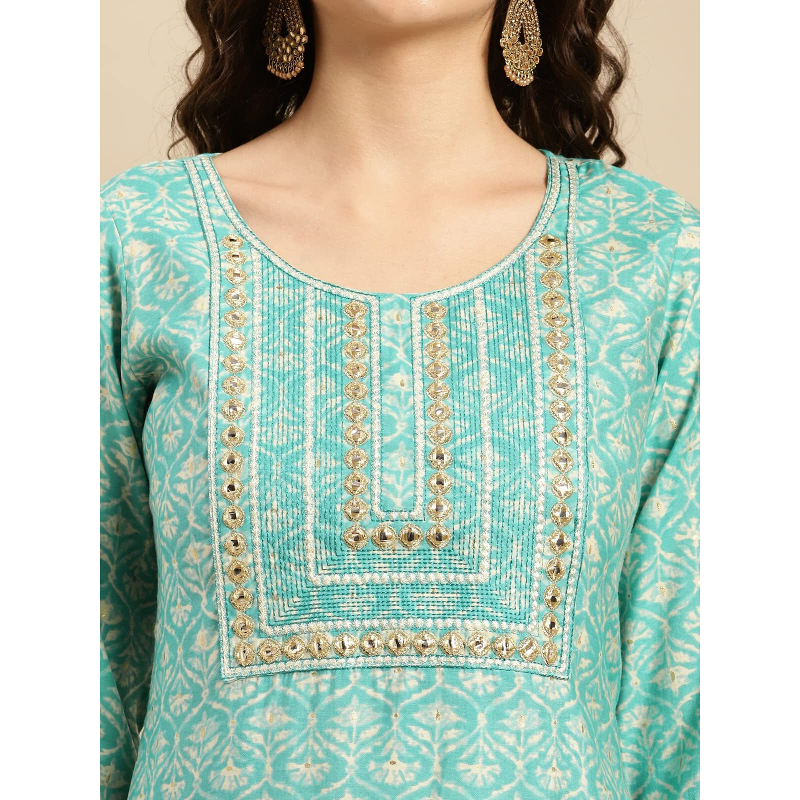 Rangita Women Turquoise Embroidered Print Calf Length Straight Kurta With Pant Set_8905723216962