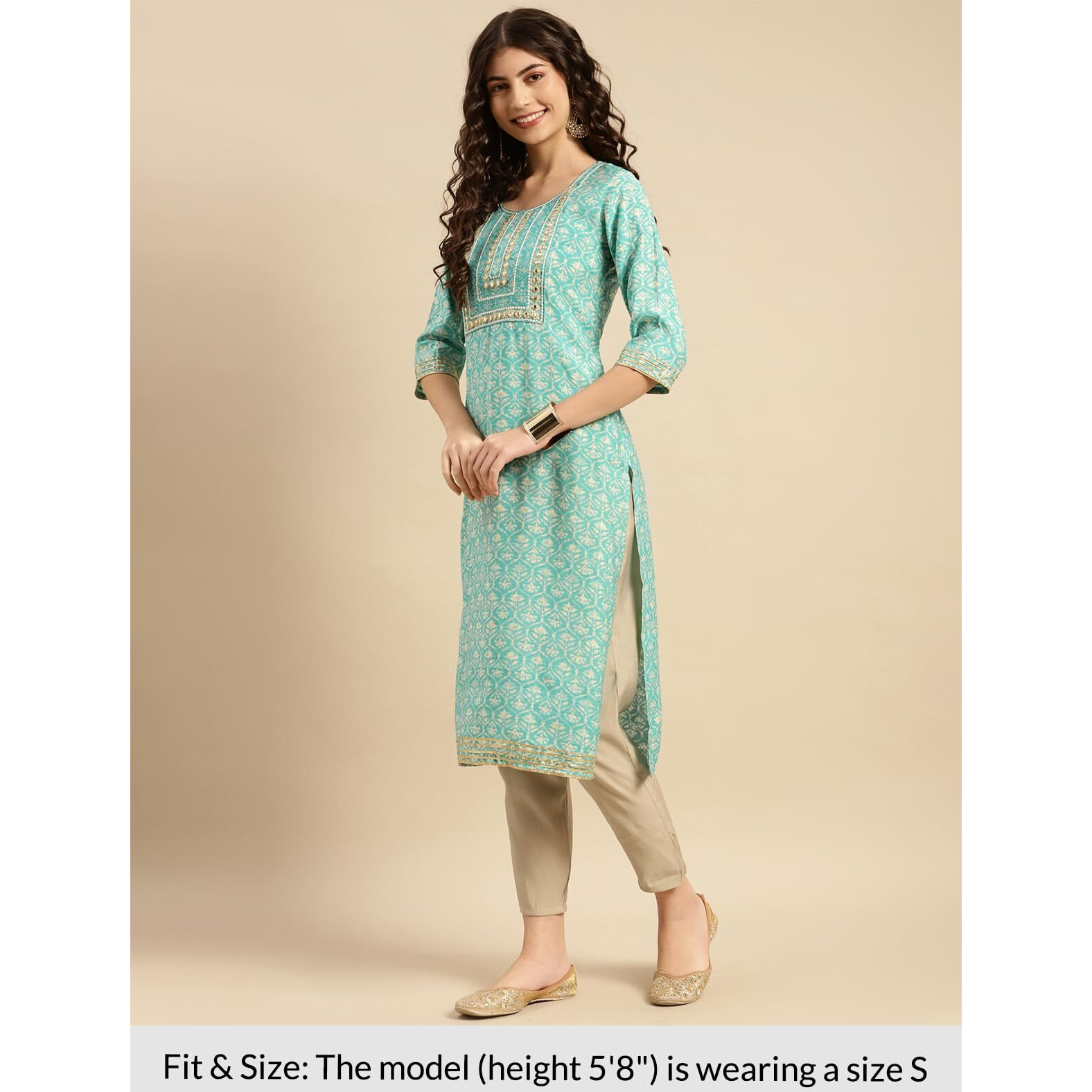 Rangita Women Turquoise Embroidered Print Calf Length Straight Kurta With Pant Set_8905723216962