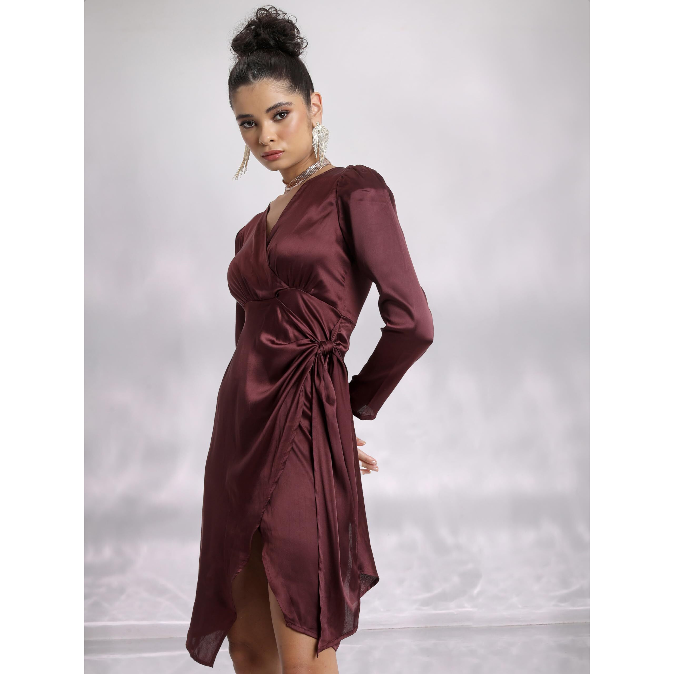 Ketch Women's Polyester Wrap Mini Dress (Khj6000419_Brown