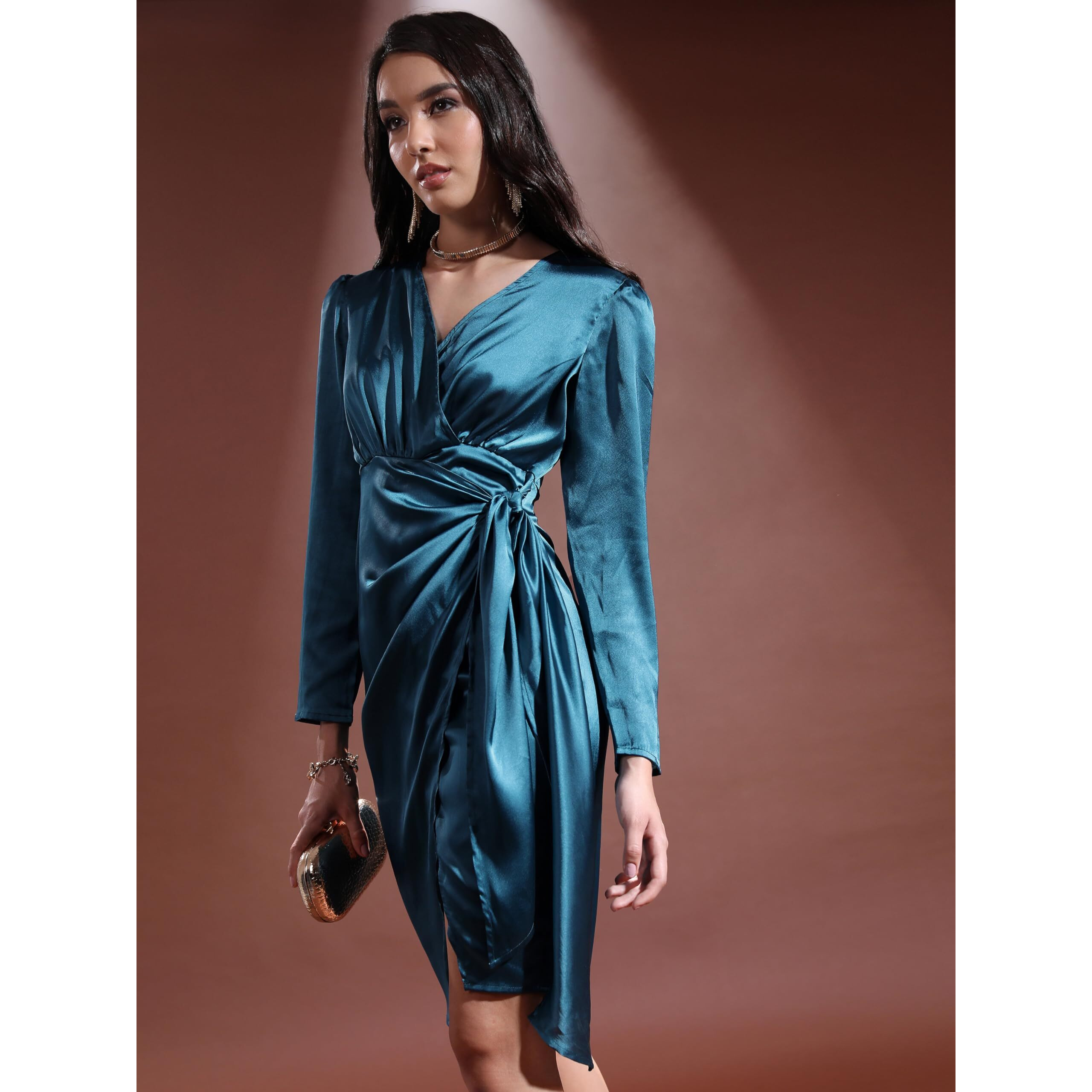 Ketch Women's Polyester Wrap Mini Dress (Khj6000420_Teal