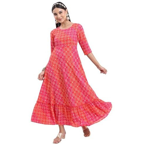 Ketch Polyester Womens Ethnic Regular Fit Dress Standard Length (Kha1000039_Fuchia_Xl)