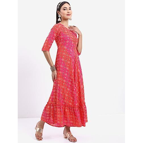 Ketch Polyester Womens Ethnic Regular Fit Dress Standard Length (Kha1000039_Fuchia_Xl)