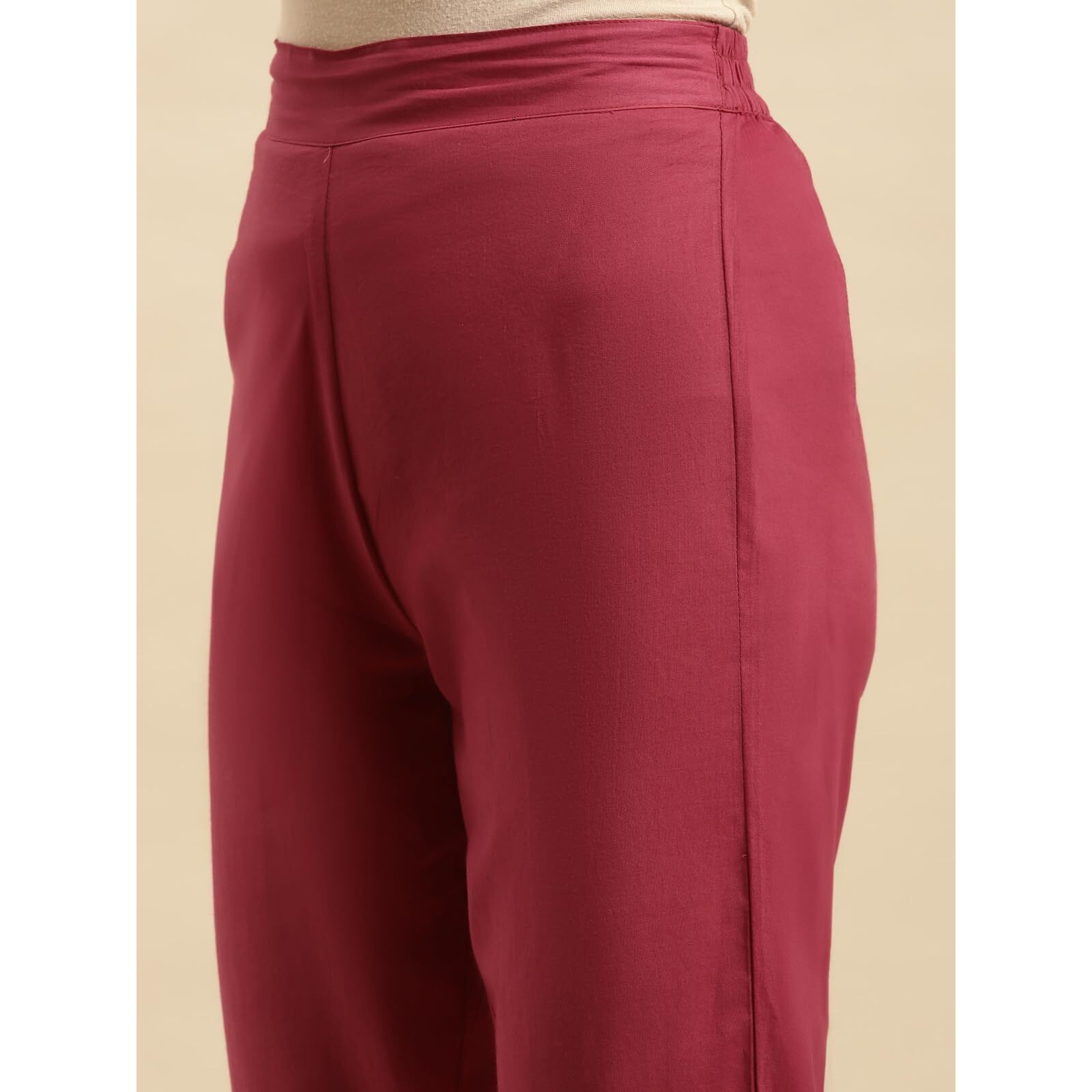 Rangita Women 100% Cotton Maroon Solid Calf Length Straight Pant, S