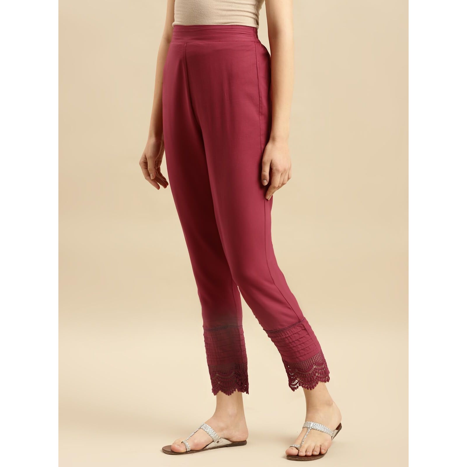 Rangita Women 100% Cotton Maroon Solid Calf Length Straight Pant, S