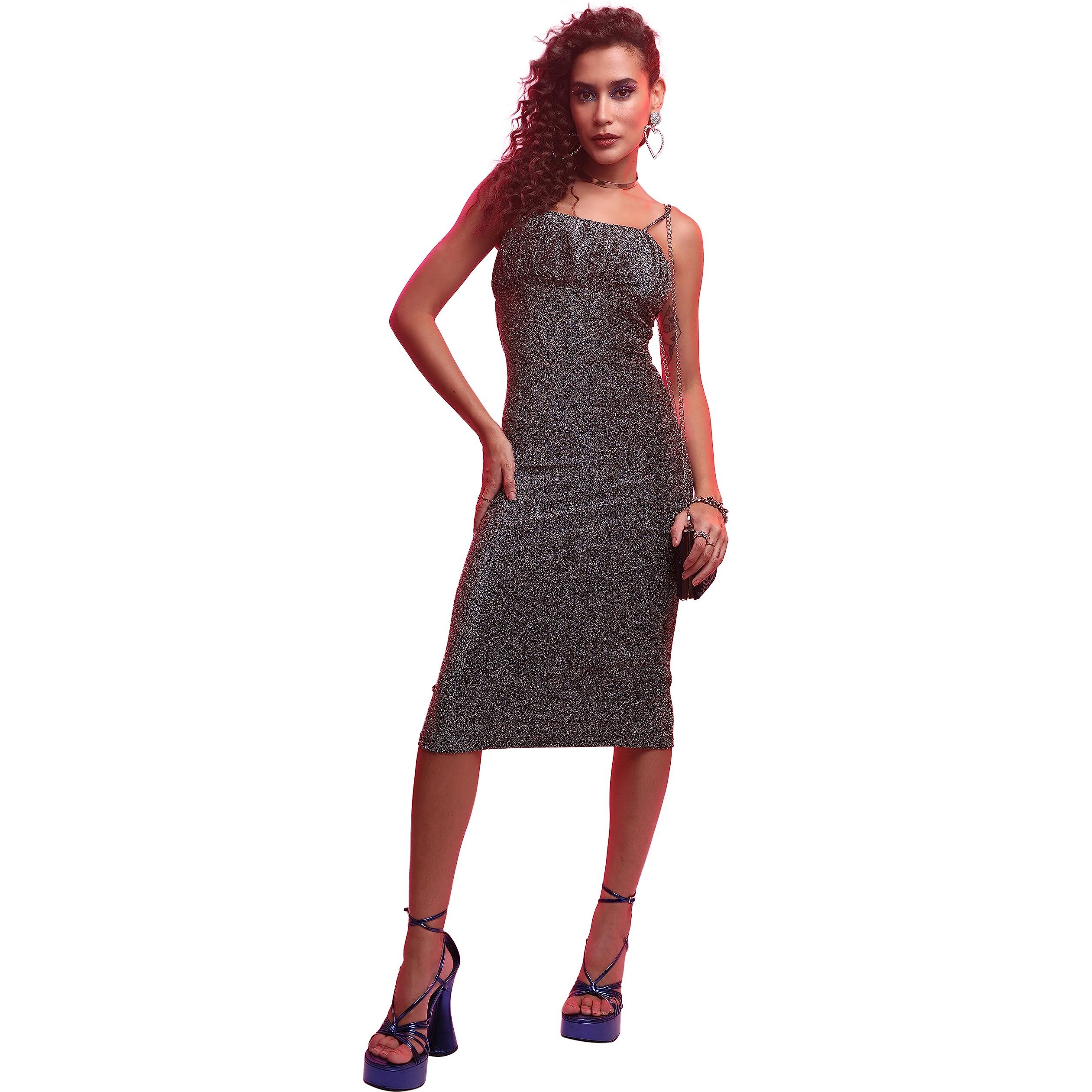 Ketch Polyester Blend Women Fashion Wear Party Fit Dress Standard Length (Khj6000438_Silver/Black_S)