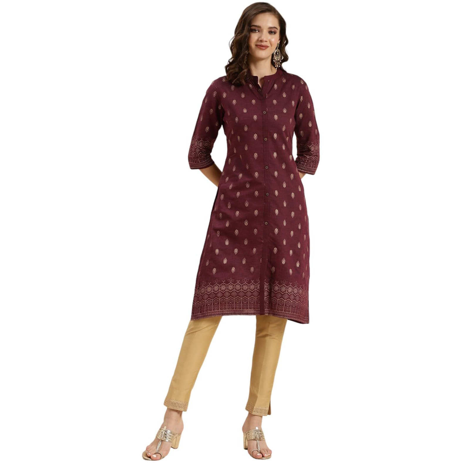 Rangita Red Cotton Knee Length Printed Front Slit Kurti For Women | Kurta For Women_L