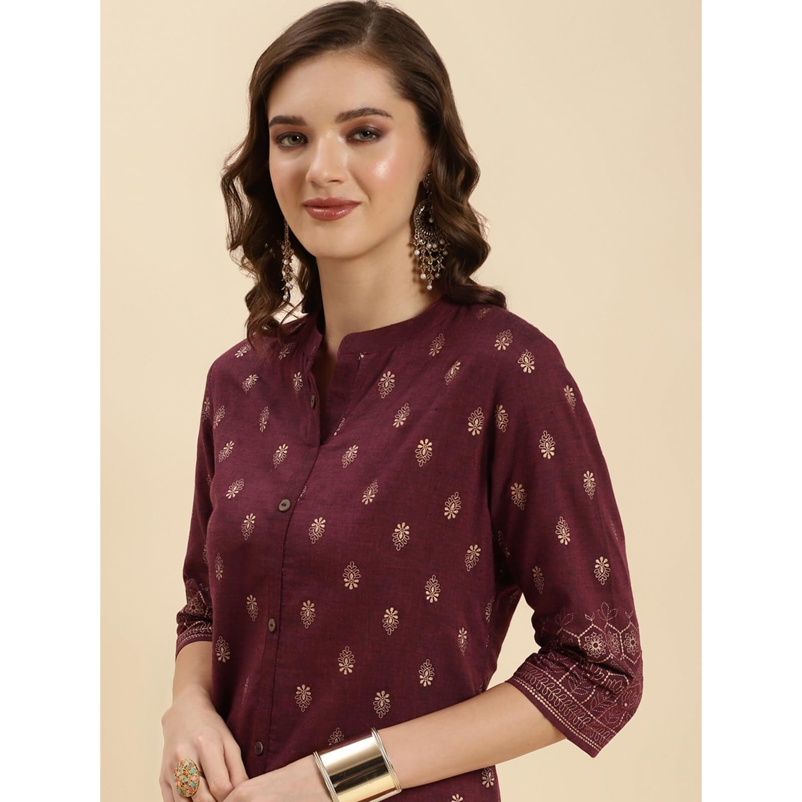 Rangita Red Cotton Knee Length Printed Front Slit Kurti For Women | Kurta For Women_L