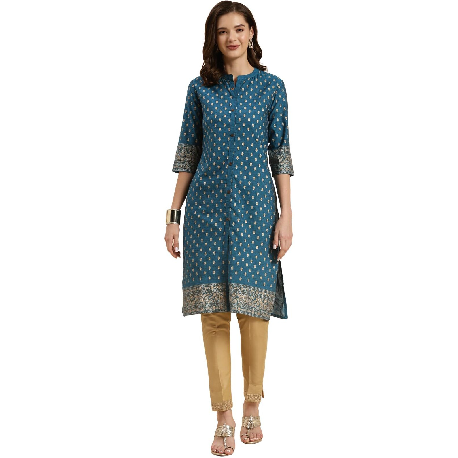 Rangita Teal Cotton Knee Length Printed Front Slit Kurti For Women | Kurta For Women_Xl
