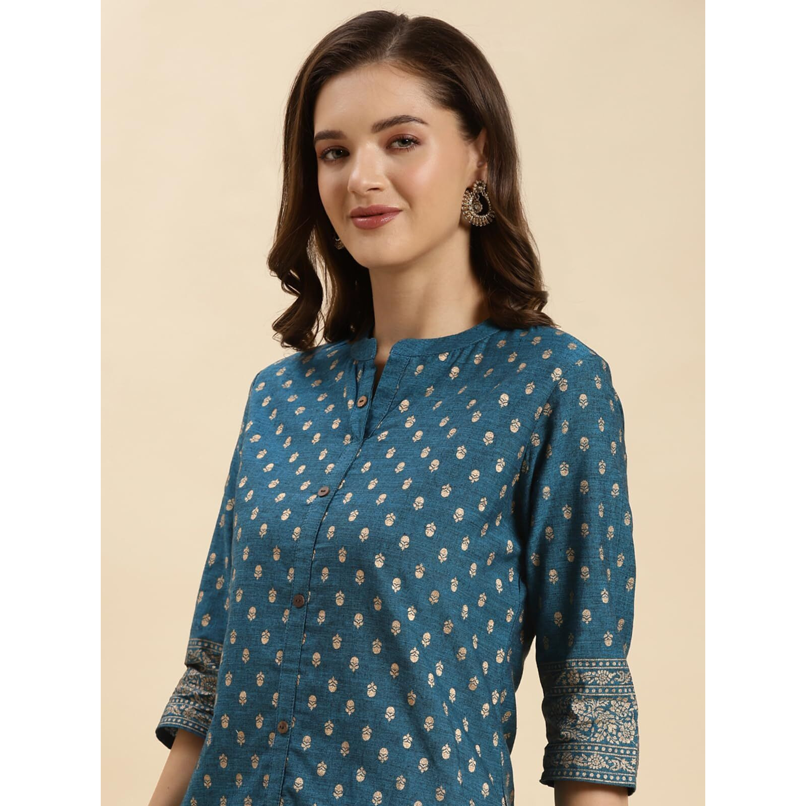 Rangita Teal Cotton Knee Length Printed Front Slit Kurti For Women | Kurta For Women_Xl