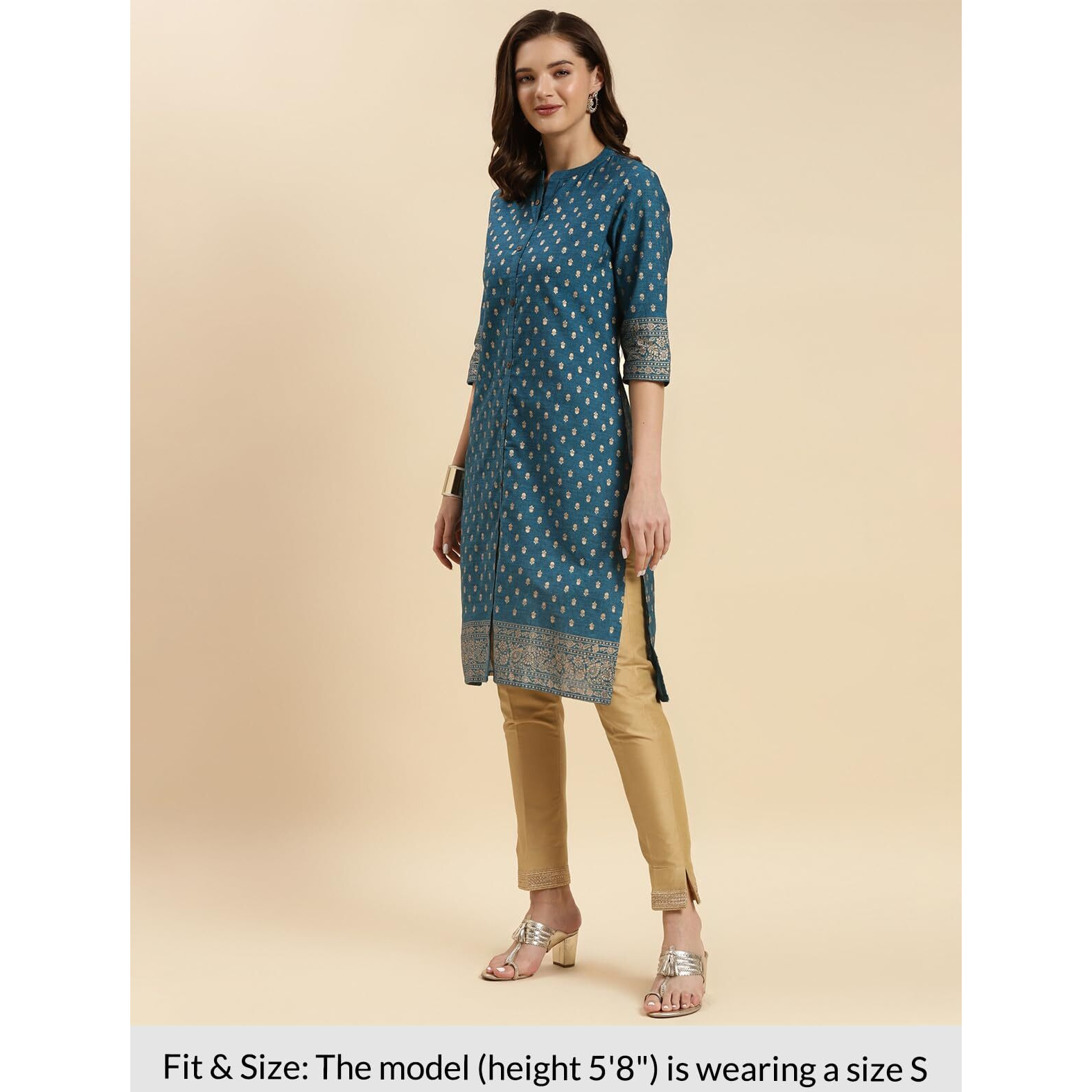 Rangita Teal Cotton Knee Length Printed Front Slit Kurti For Women | Kurta For Women_Xl