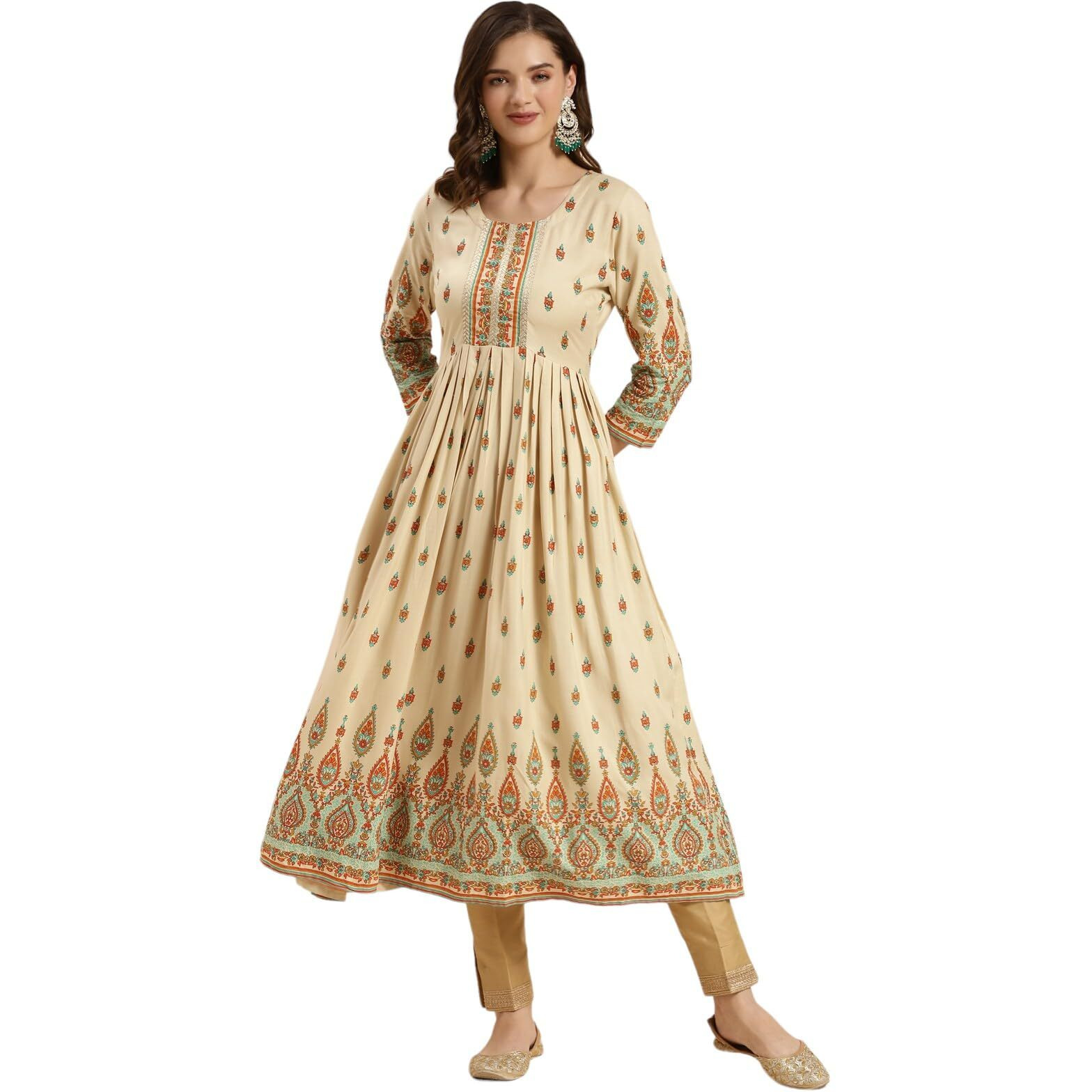 Rangita Beige Rayon Calf Length Printed Anarkali Kurti For Women | Kurta For Women_S