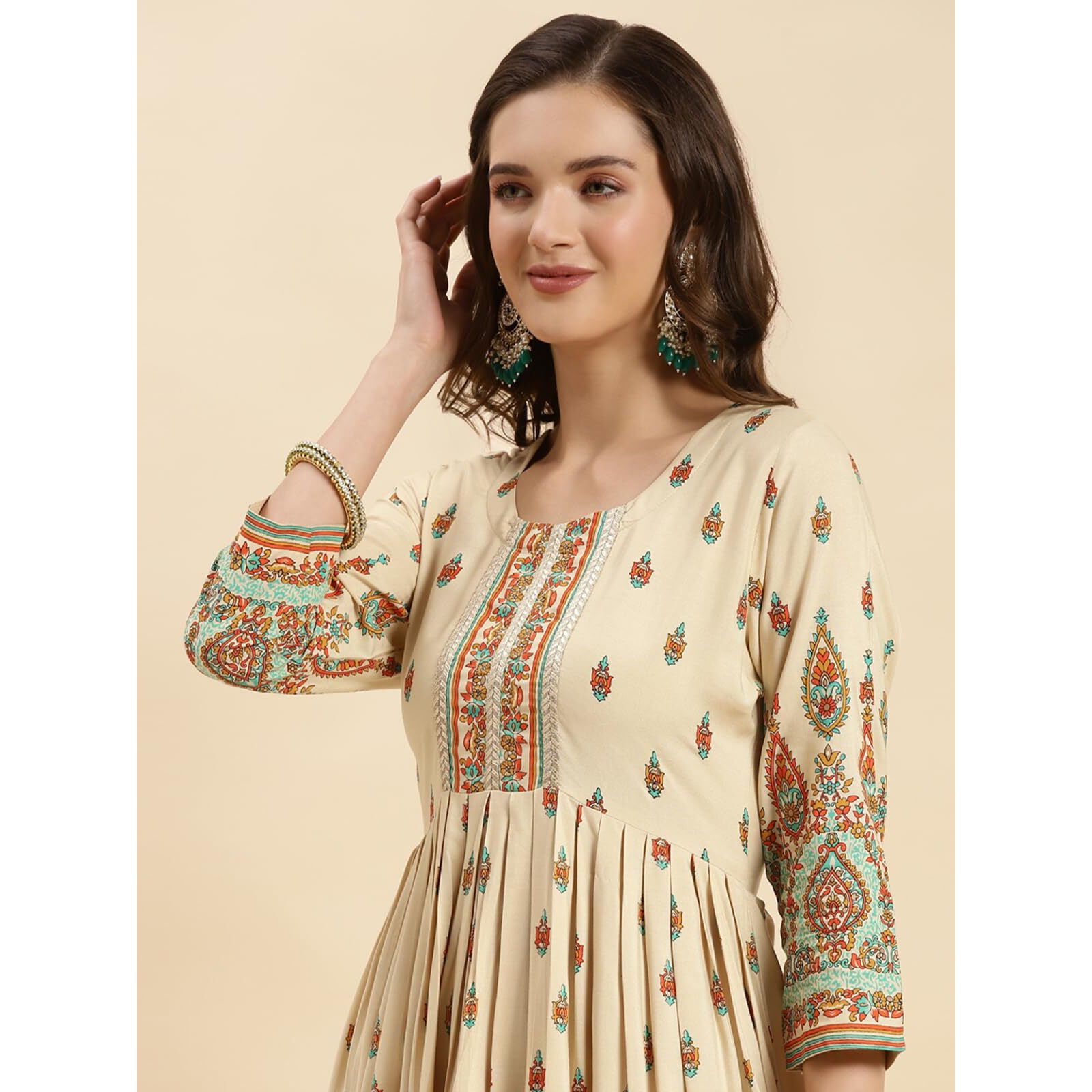 Rangita Beige Rayon Calf Length Printed Anarkali Kurti For Women | Kurta For Women_S