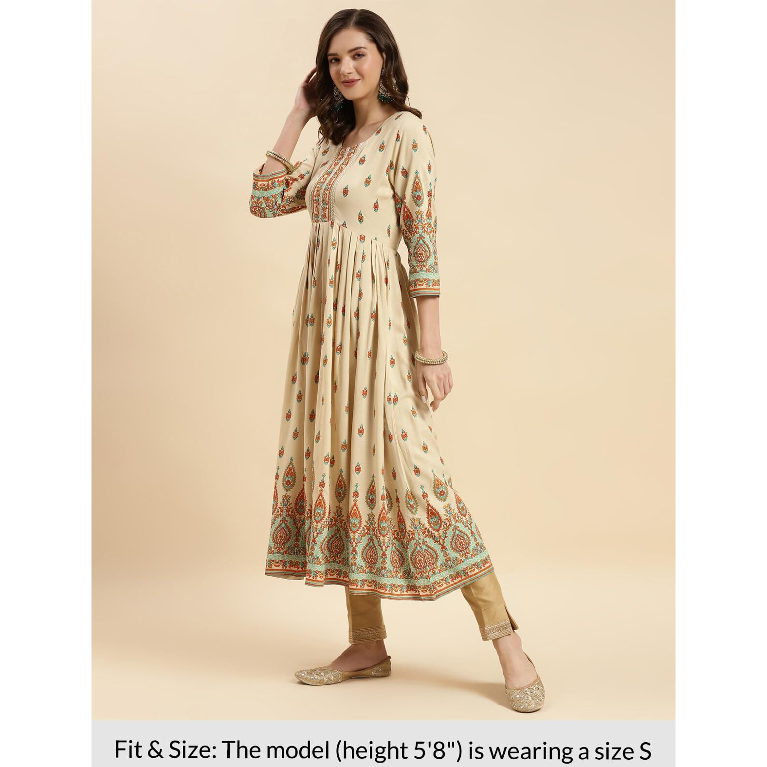Rangita Beige Rayon Calf Length Printed Anarkali Kurti For Women | Kurta For Women_S