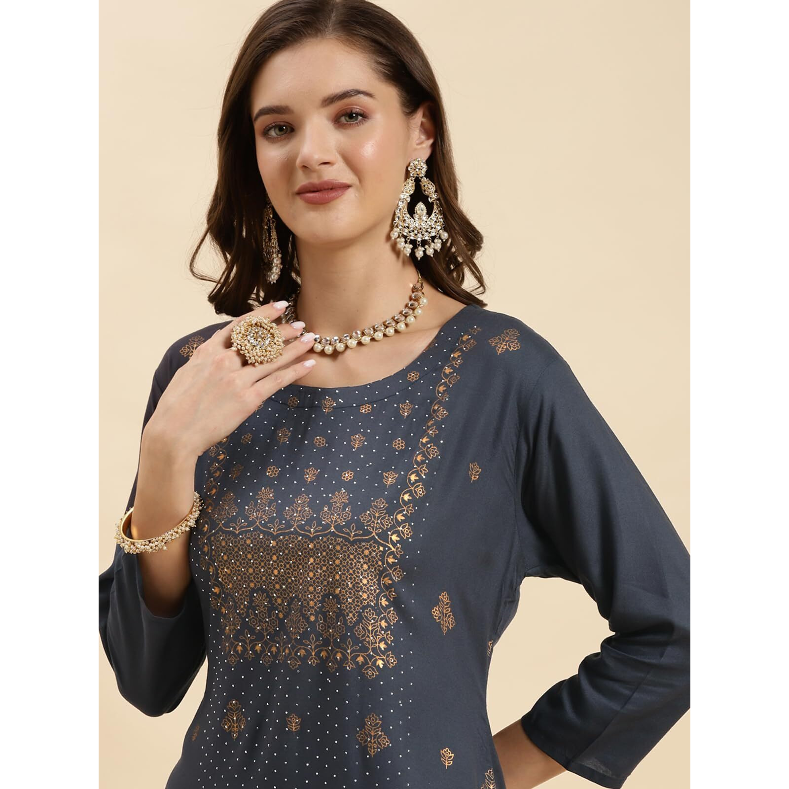Rangita Grey Rayon Calf Length Embroidered Straight Kurti For Women | Kurta For Women_Xl