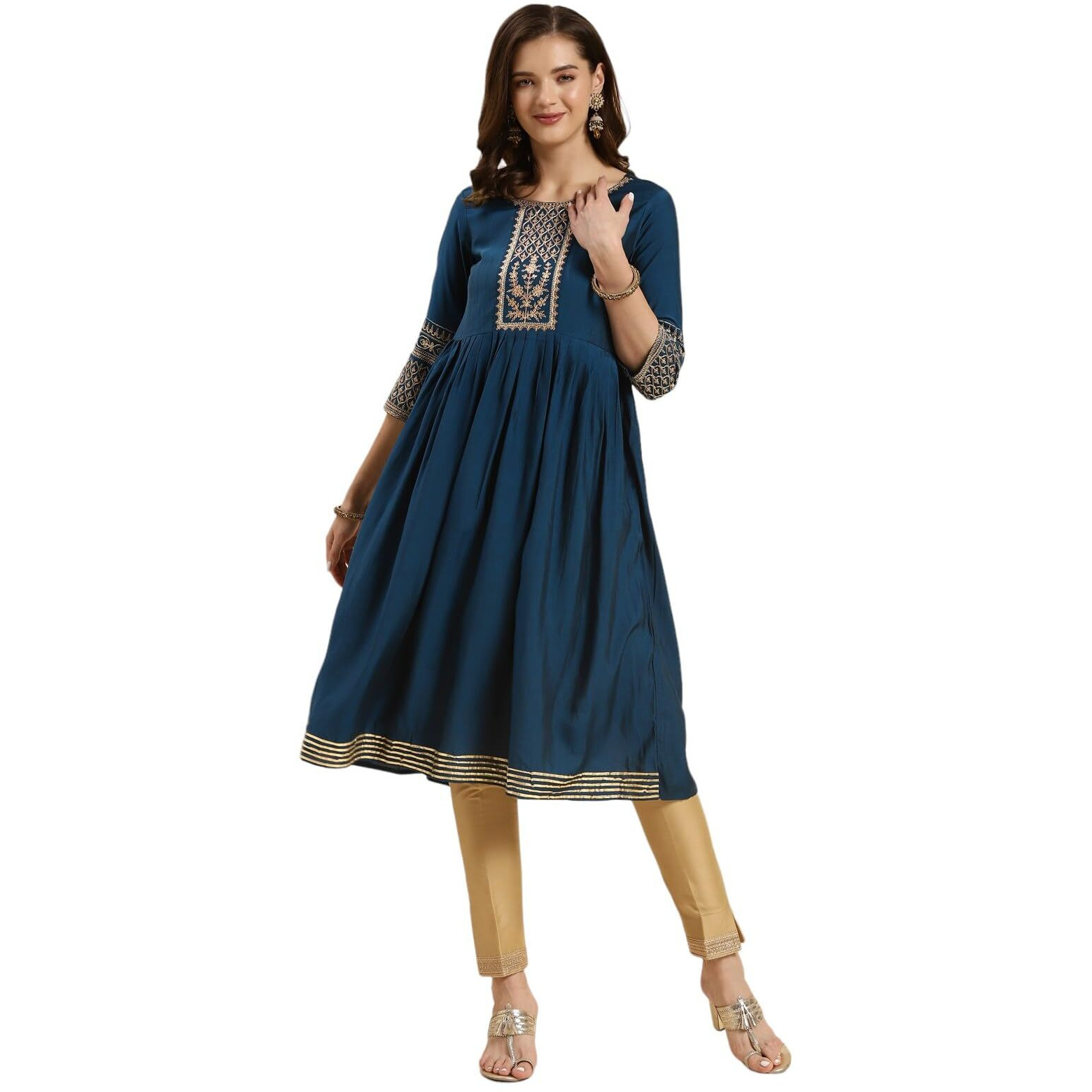 Rangita Teal Rayon Knee Length Embroidered Flared Kurti For Women | Kurta For Women_S