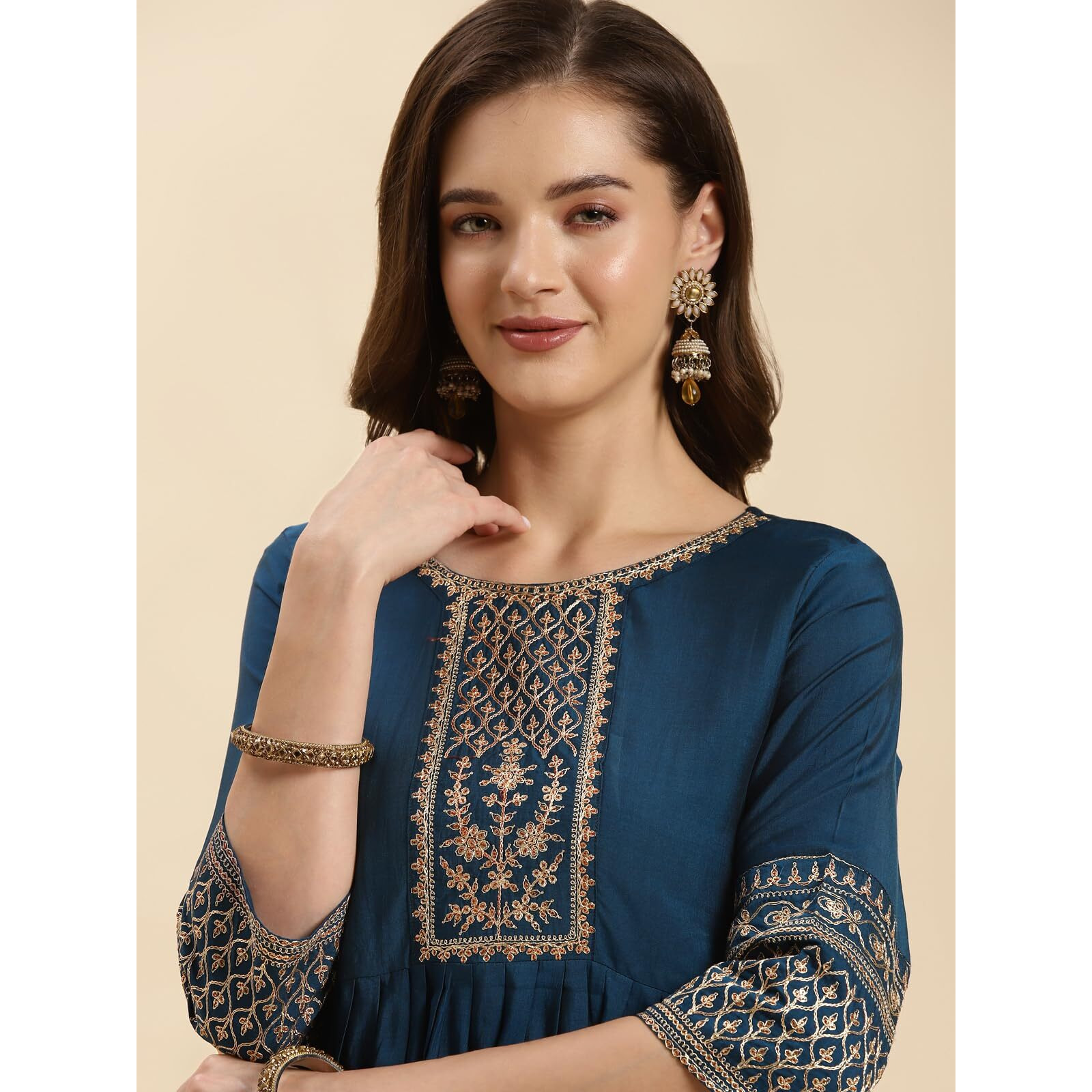 Rangita Teal Rayon Knee Length Embroidered Flared Kurti For Women | Kurta For Women_S