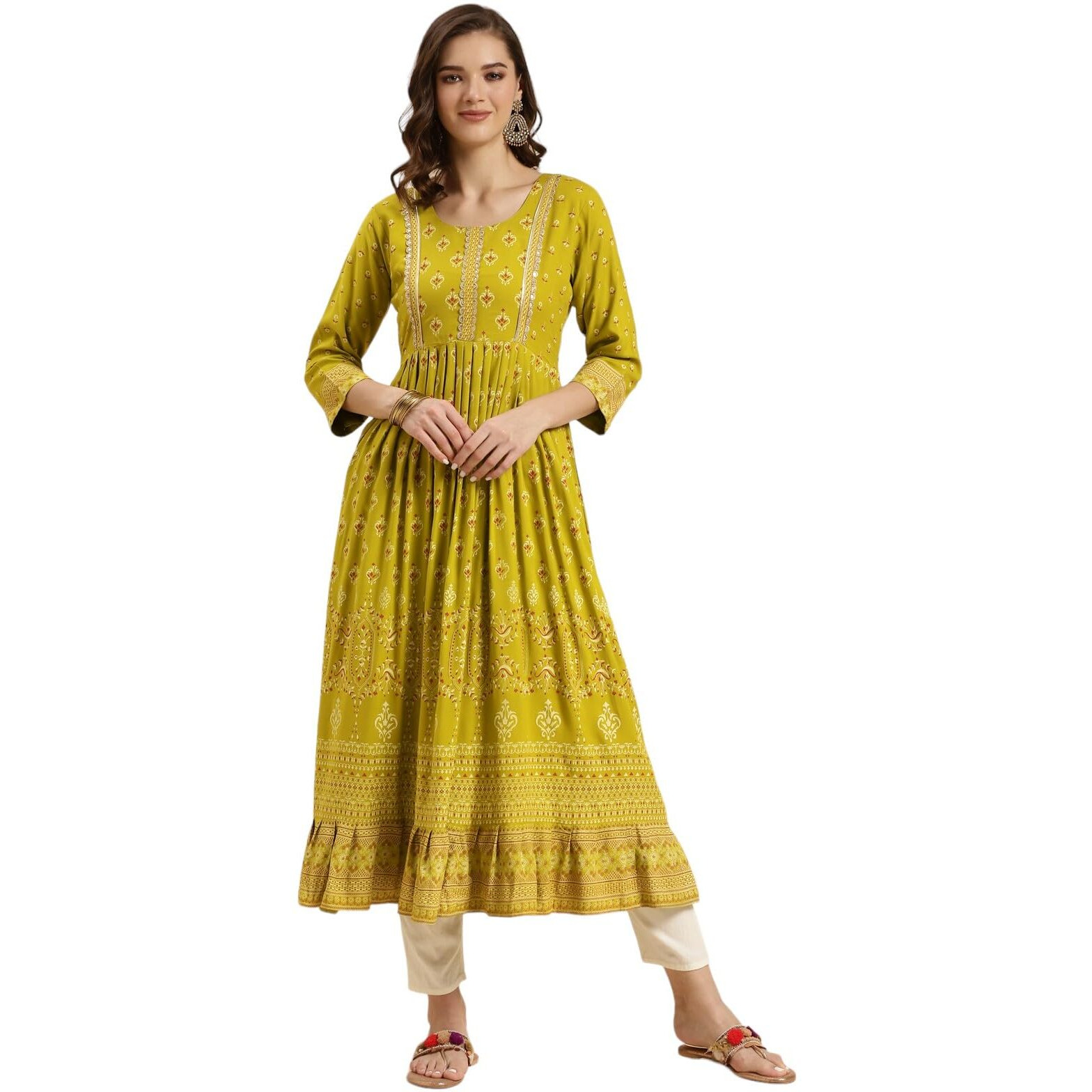 Rangita Lime Green Rayon Calf Length Embellished Anarkali Kurti For Women | Kurta For Women_M