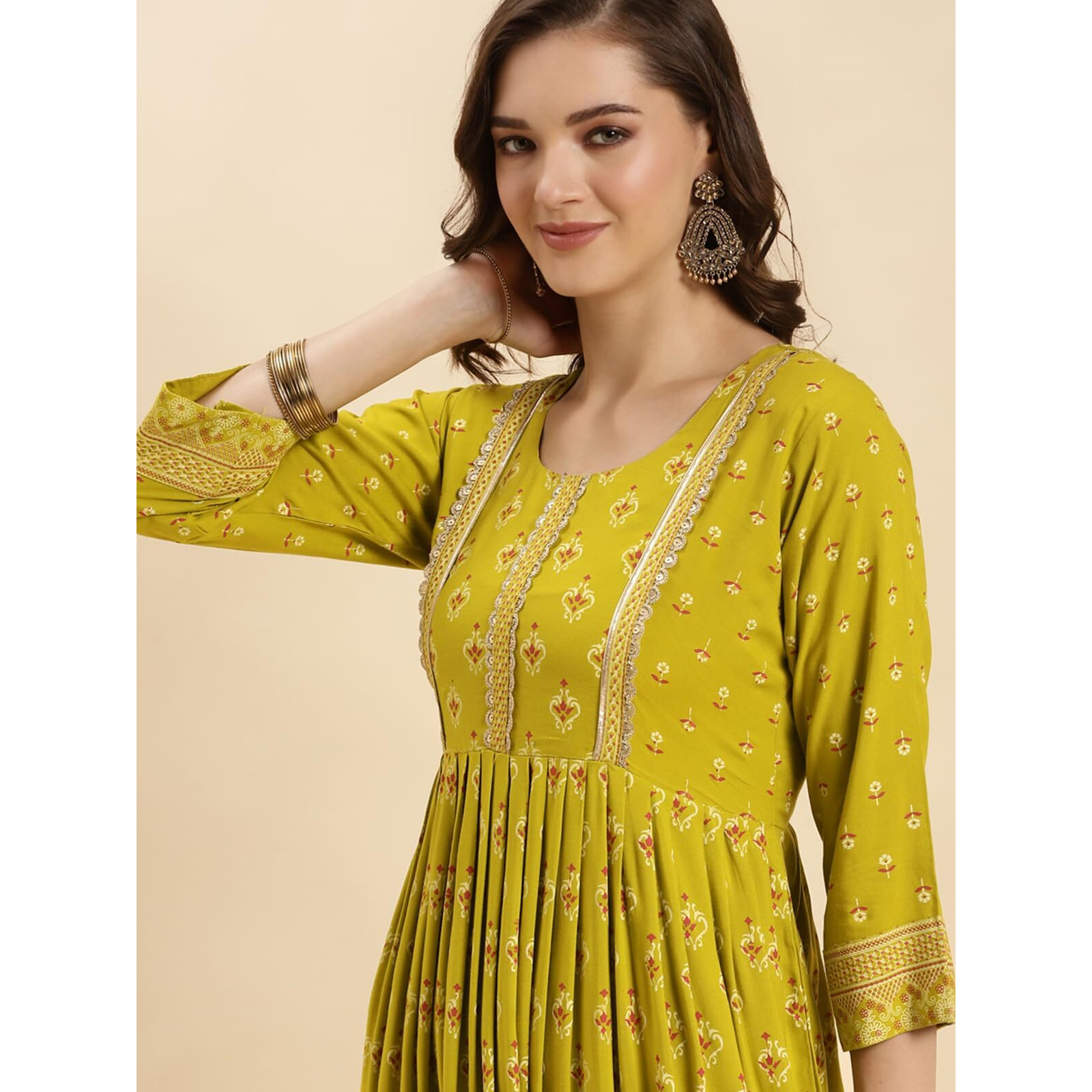 Rangita Lime Green Rayon Calf Length Embellished Anarkali Kurti For Women | Kurta For Women_M