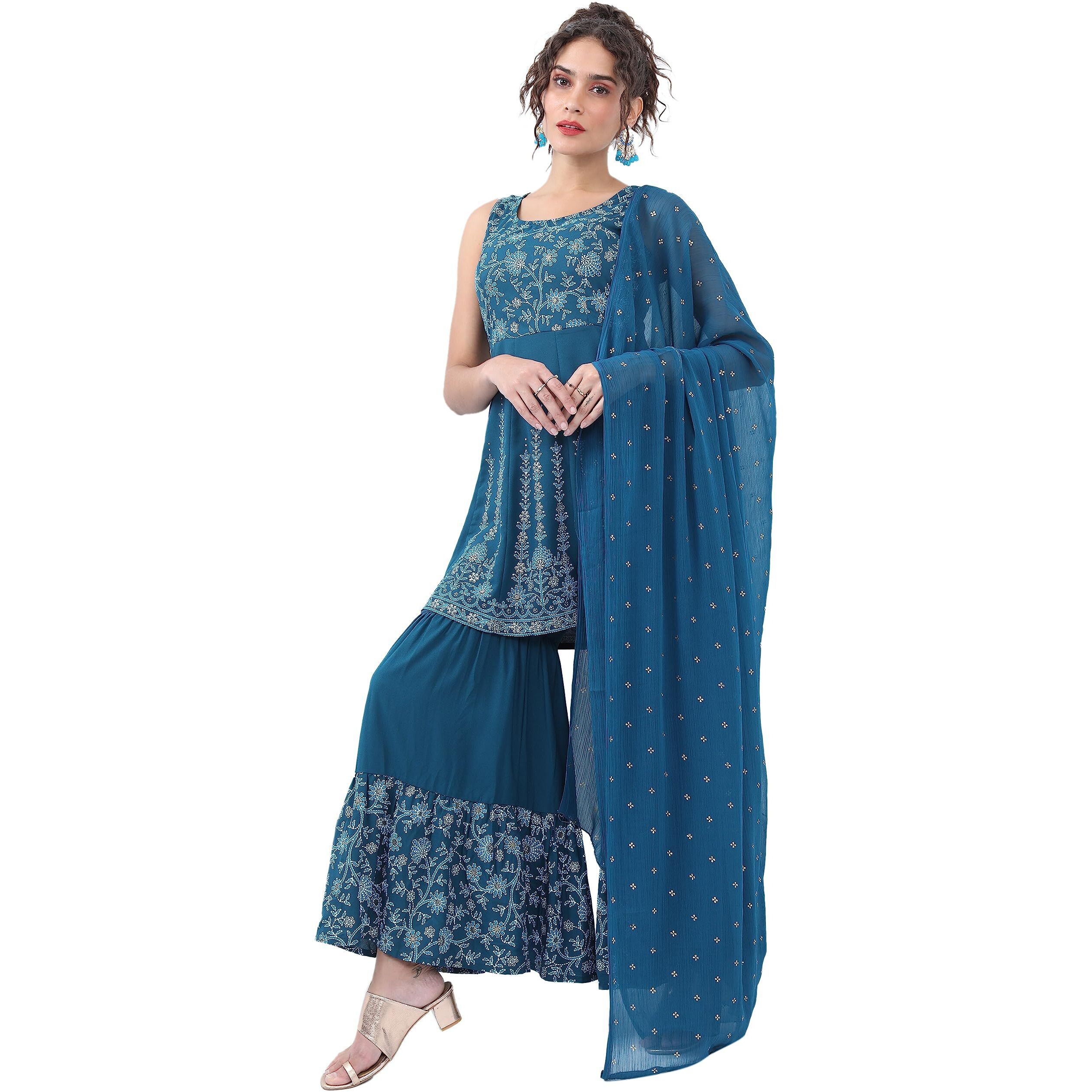 Ketch Women's Polyester Ethnic Set (Khk3000904_Blue_2Xl)