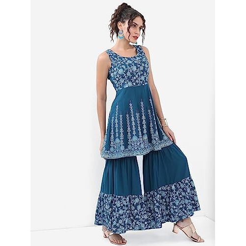 Ketch Women's Polyester Ethnic Set (Khk3000904_Blue_2Xl)