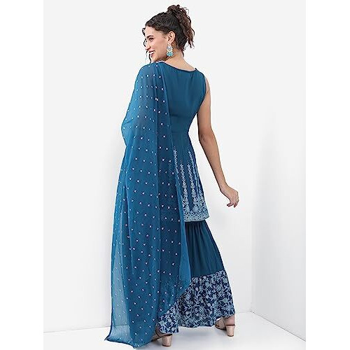 Ketch Women's Polyester Ethnic Set (Khk3000904_Blue_2Xl)