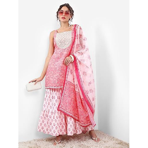 Ketch Women's Polyester Ethnic Set (Khk3000919_Pink_Xl)