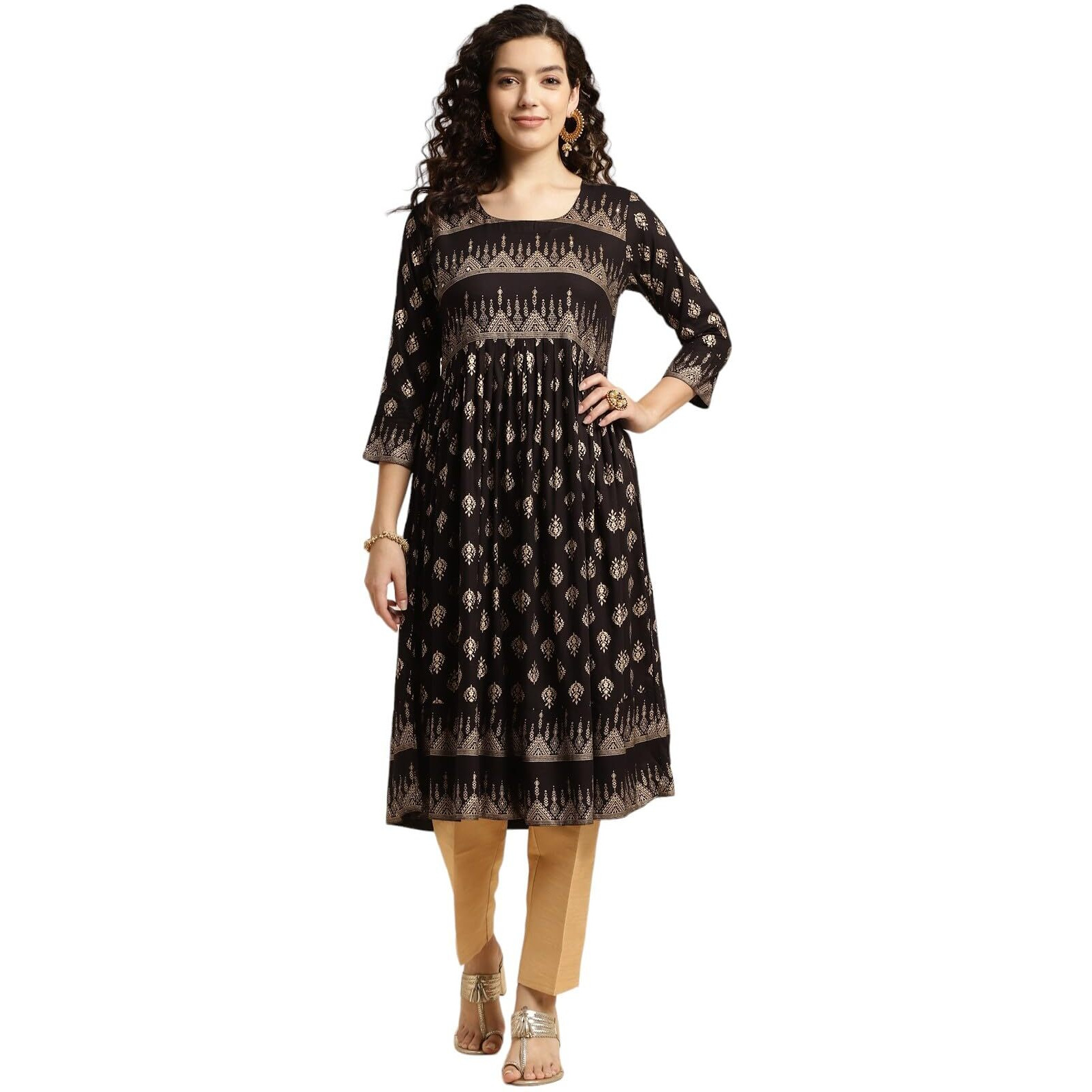 Rangita Black Rayon Calf Length Printed Flared Kurti For Women | Kurta For Women_S