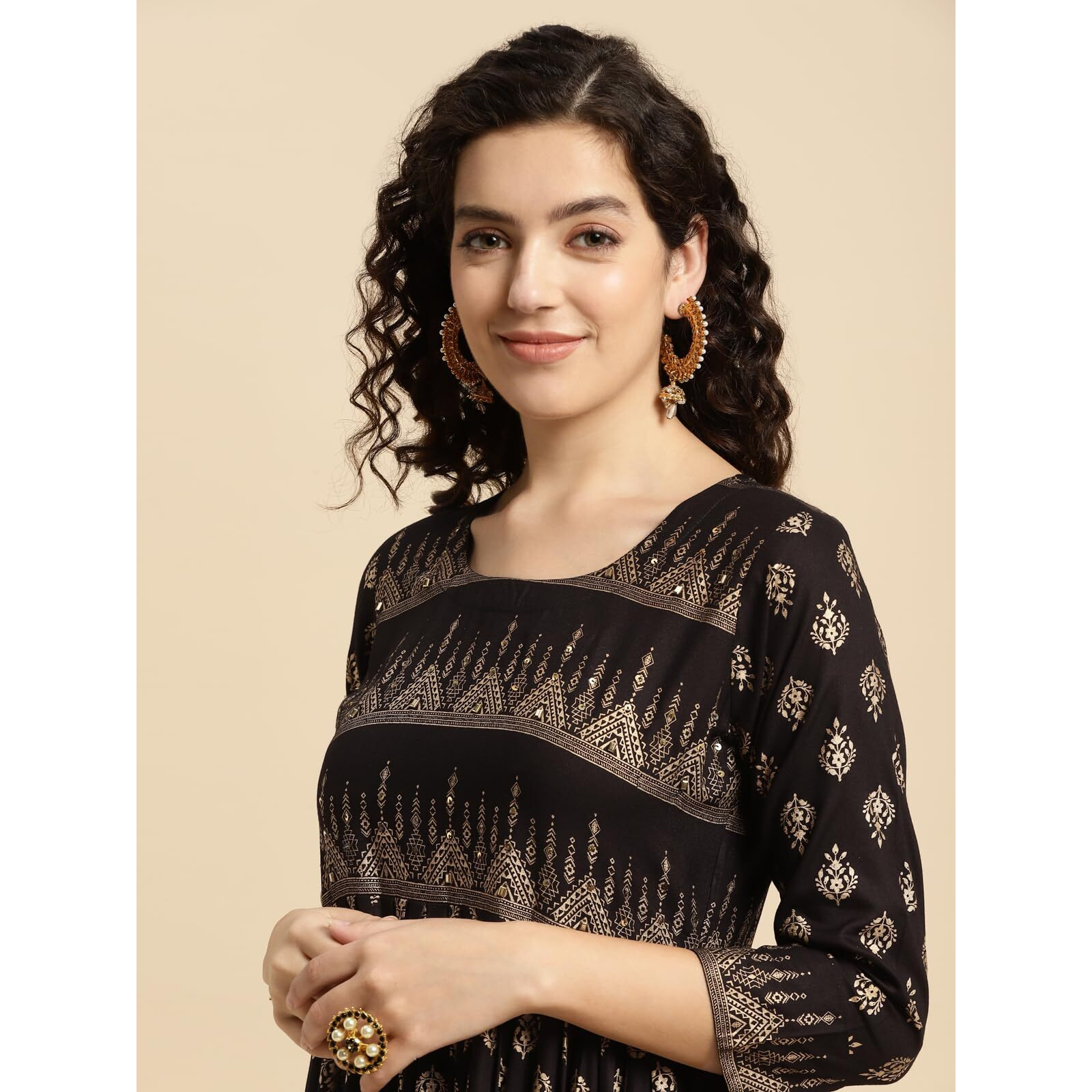 Rangita Black Rayon Calf Length Printed Flared Kurti For Women | Kurta For Women_S