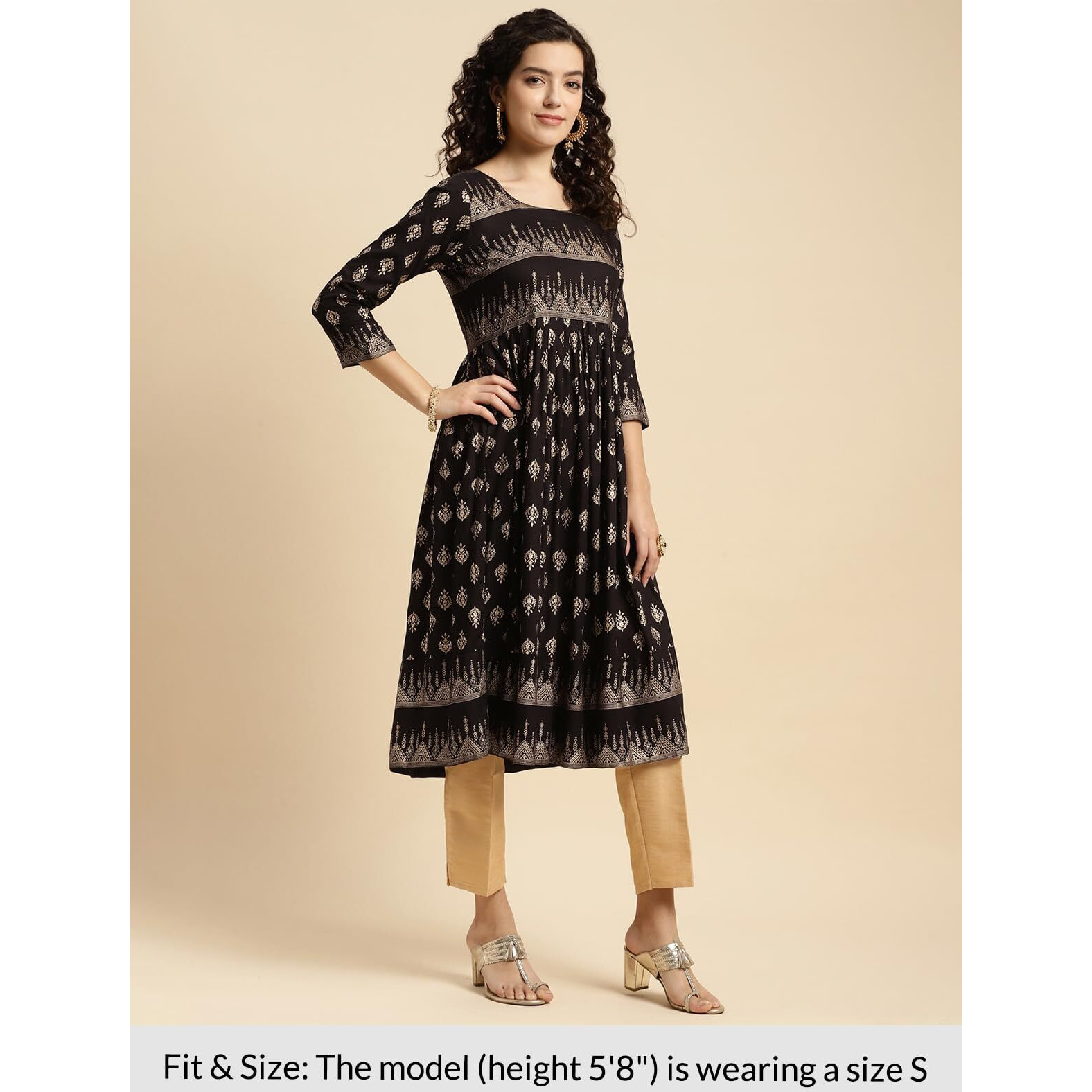 Rangita Black Rayon Calf Length Printed Flared Kurti For Women | Kurta For Women_S