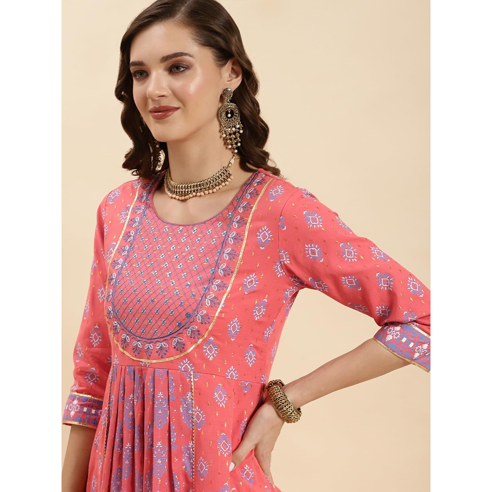 Rangita Pink Cotton Calf Length Embroidered Anarkali Kurti For Women | Kurta For Women_Xl