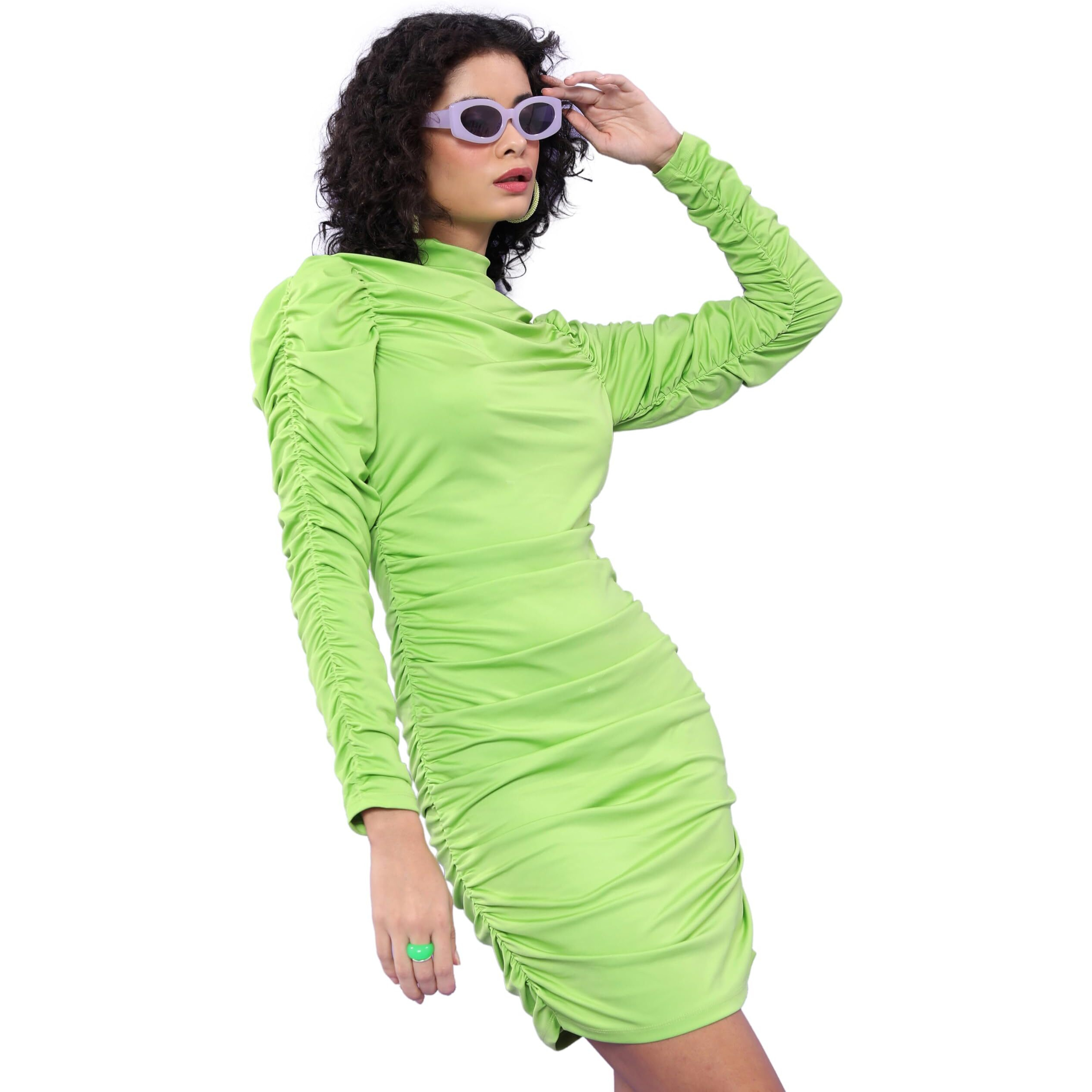 Ketch Women's Cotton Blend Ruched Dress With High Neck Above The Knee Khj6000462_Lime Green
