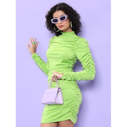 Ketch Women's Cotton Blend Ruched Dress With High Neck Above The Knee Khj6000462_Lime Green