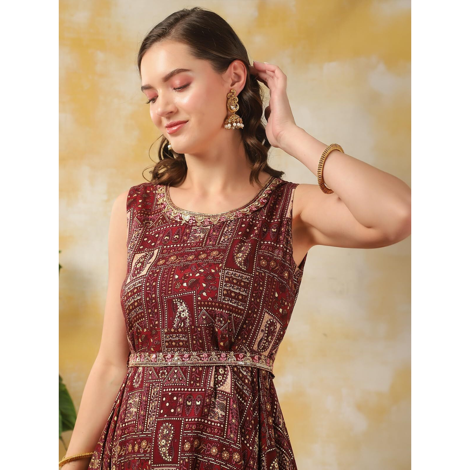 Rangita Women Rust Cotton Embroidered At Neck Knee Length Asymmetric Ethnic Gown, M
