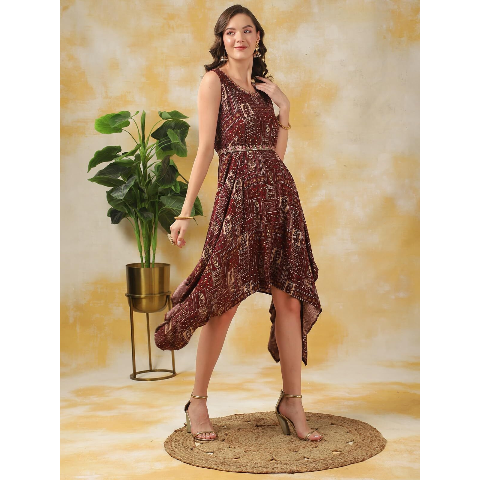 Rangita Women Rust Cotton Embroidered At Neck Knee Length Asymmetric Ethnic Gown, M