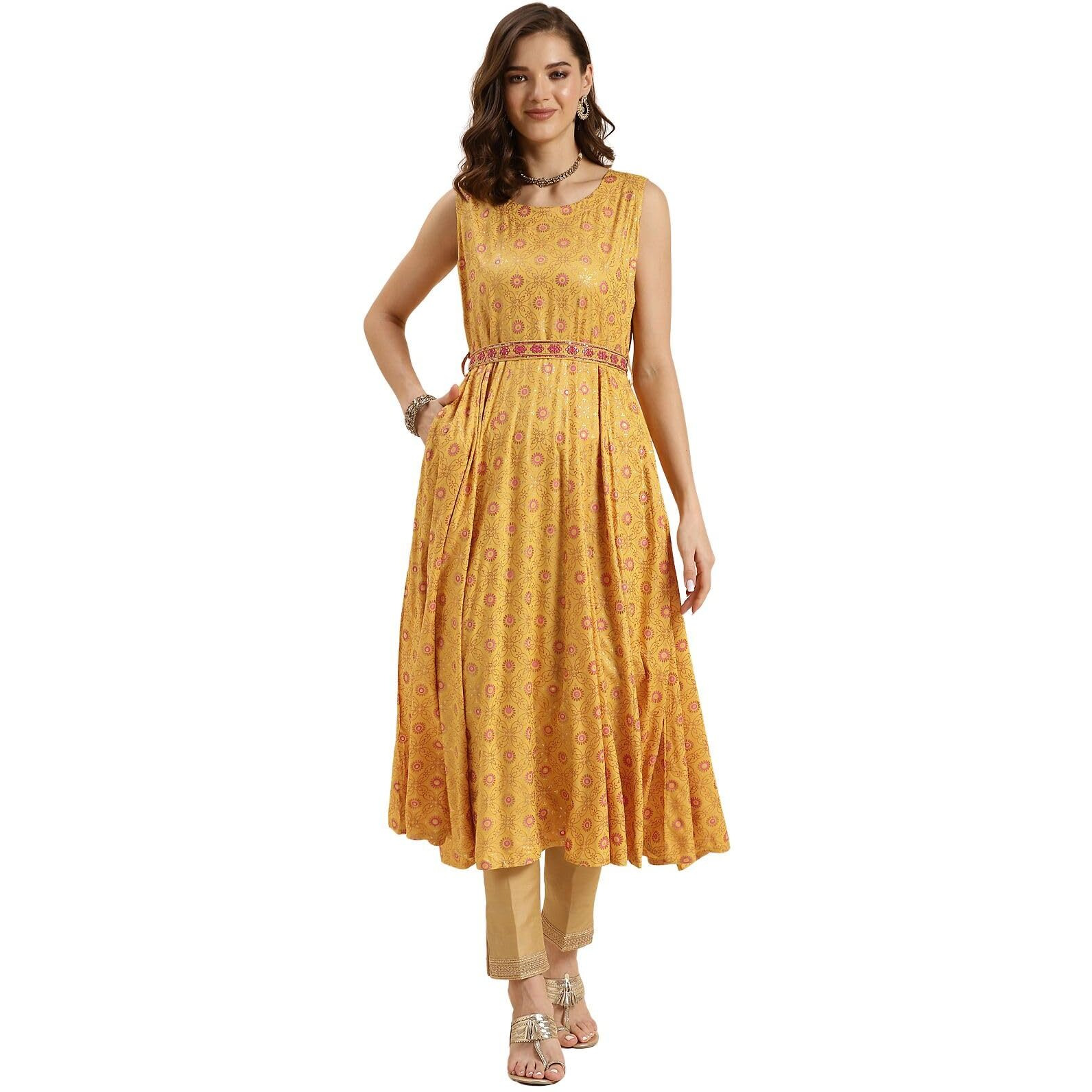 Rangita Mustard Rayon Calf Length Printed Flared Kurti For Women | Kurta For Women_Xl