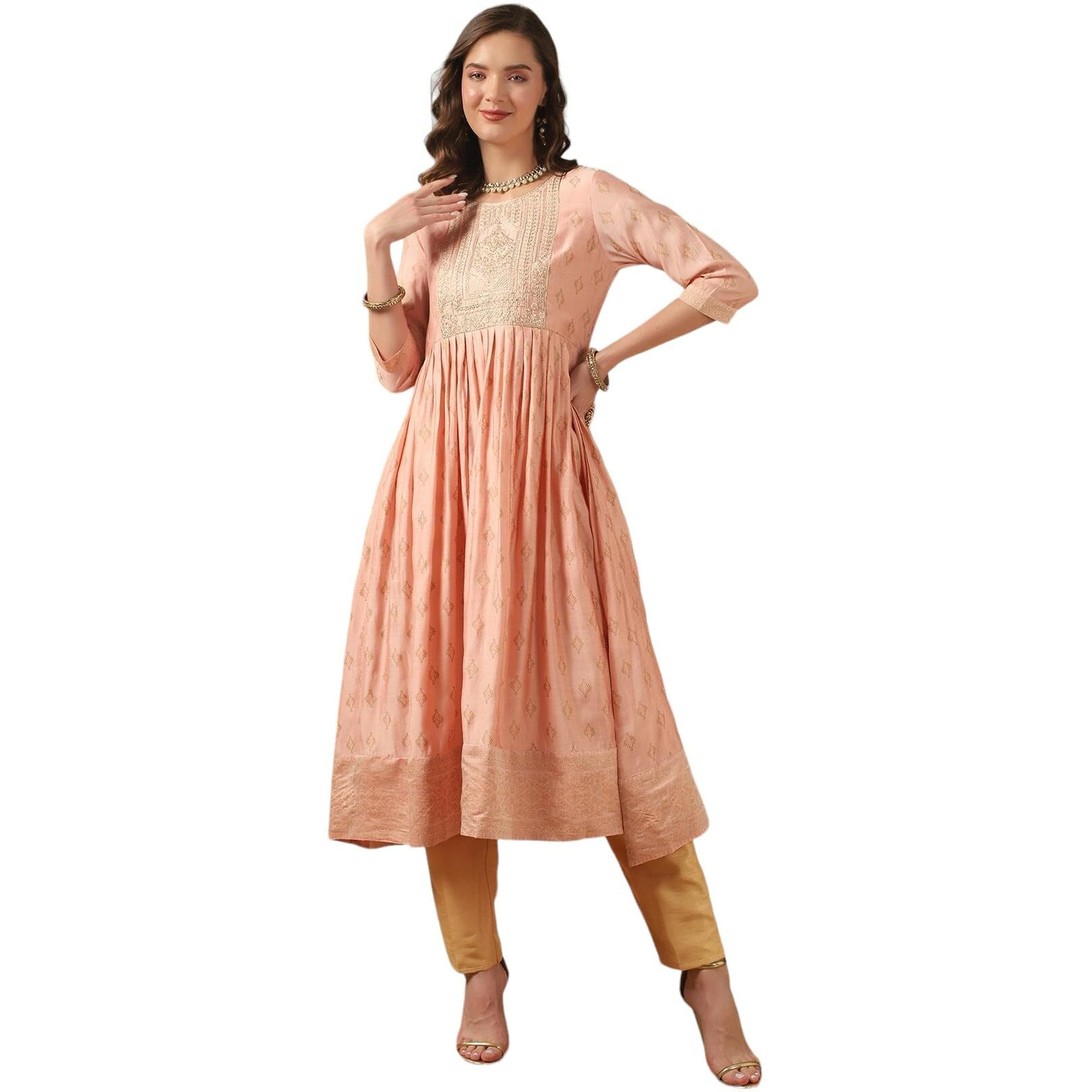 Rangita Peach Silk Calf Length Embroidered Anarkali Kurti For Women | Kurta For Women_L