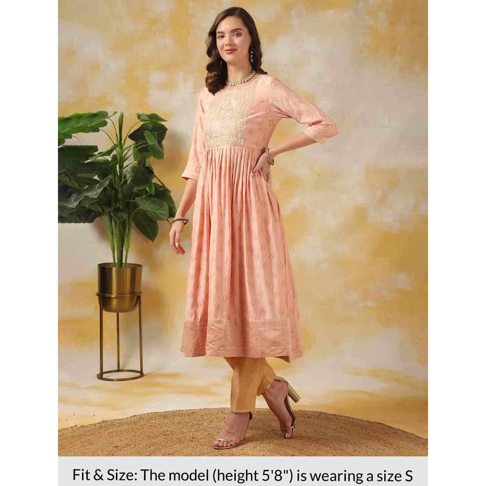 Rangita Peach Silk Calf Length Embroidered Anarkali Kurti For Women | Kurta For Women_L