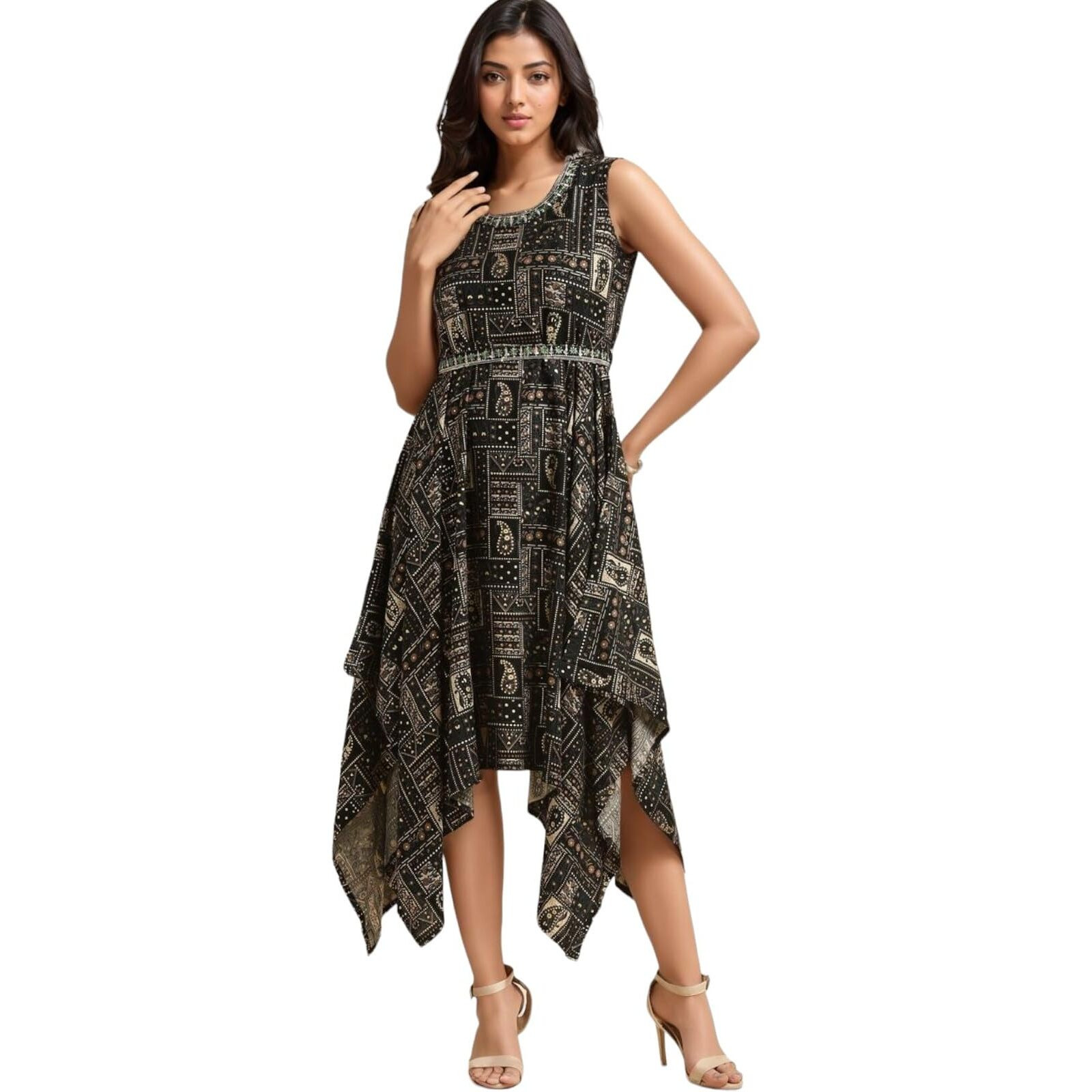 Rangita Women Green Cotton Printed Asymmetric Calf Length Dress_3Xl