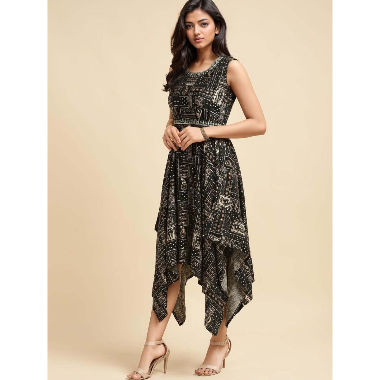 Rangita Women Green Cotton Printed Asymmetric Calf Length Dress_3Xl